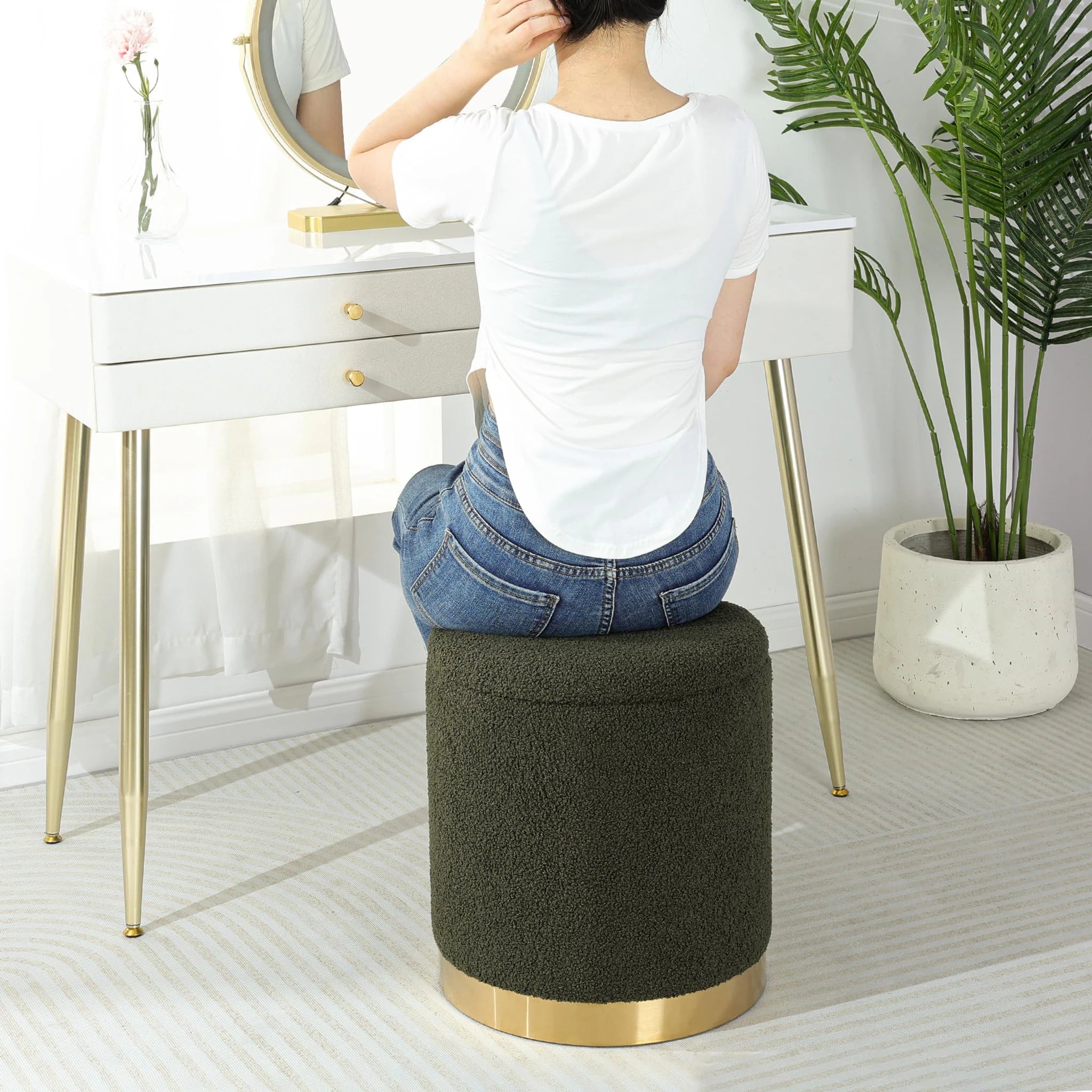Joveco Dark Moss Green Metro Round Boucle Storage Ottoman – lifestyle room view