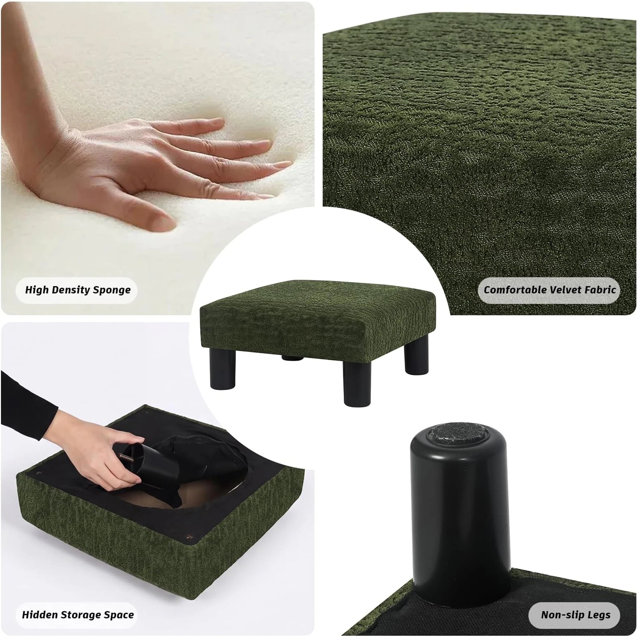 Joveco Deep Green Velvet Footrest Stool – detail and materials view