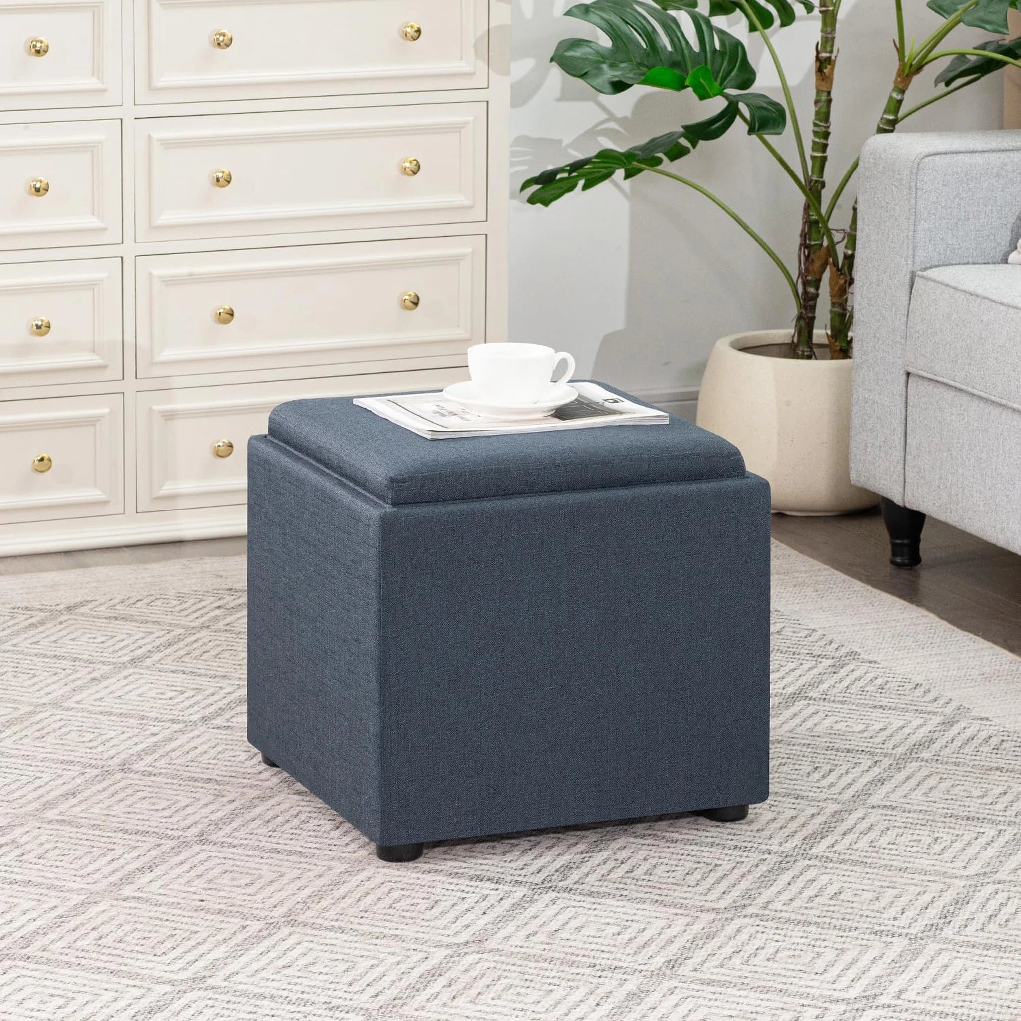 Joveco Denim Gray Tray-Top Linen Square Storage Ottoman – styled home scene