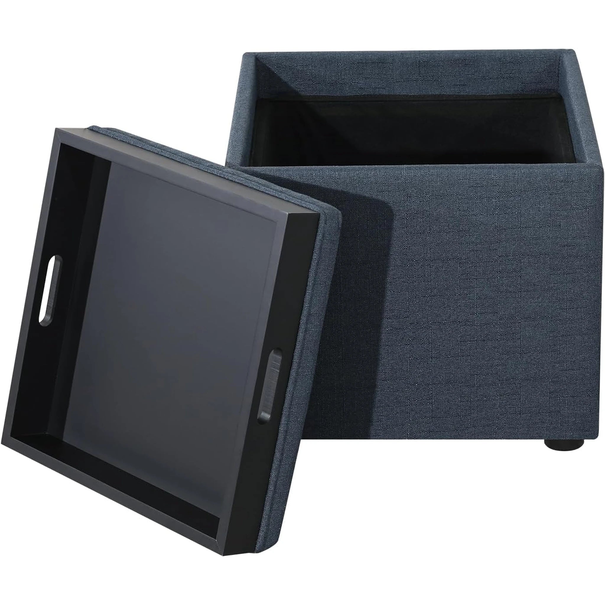 Joveco Denim Gray Tray-Top Linen Square Storage Ottoman – detail and materials view
