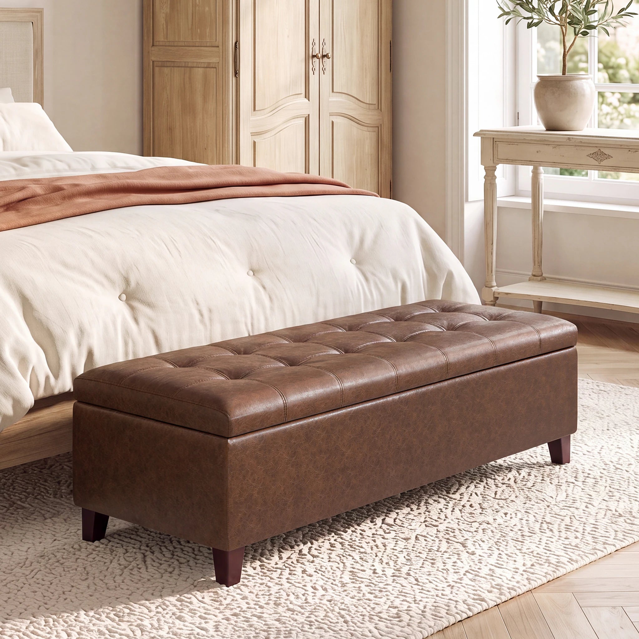 Joveco Distressed Brown Tufted Faux Leather Storage Ottoman Bench – styled home scene