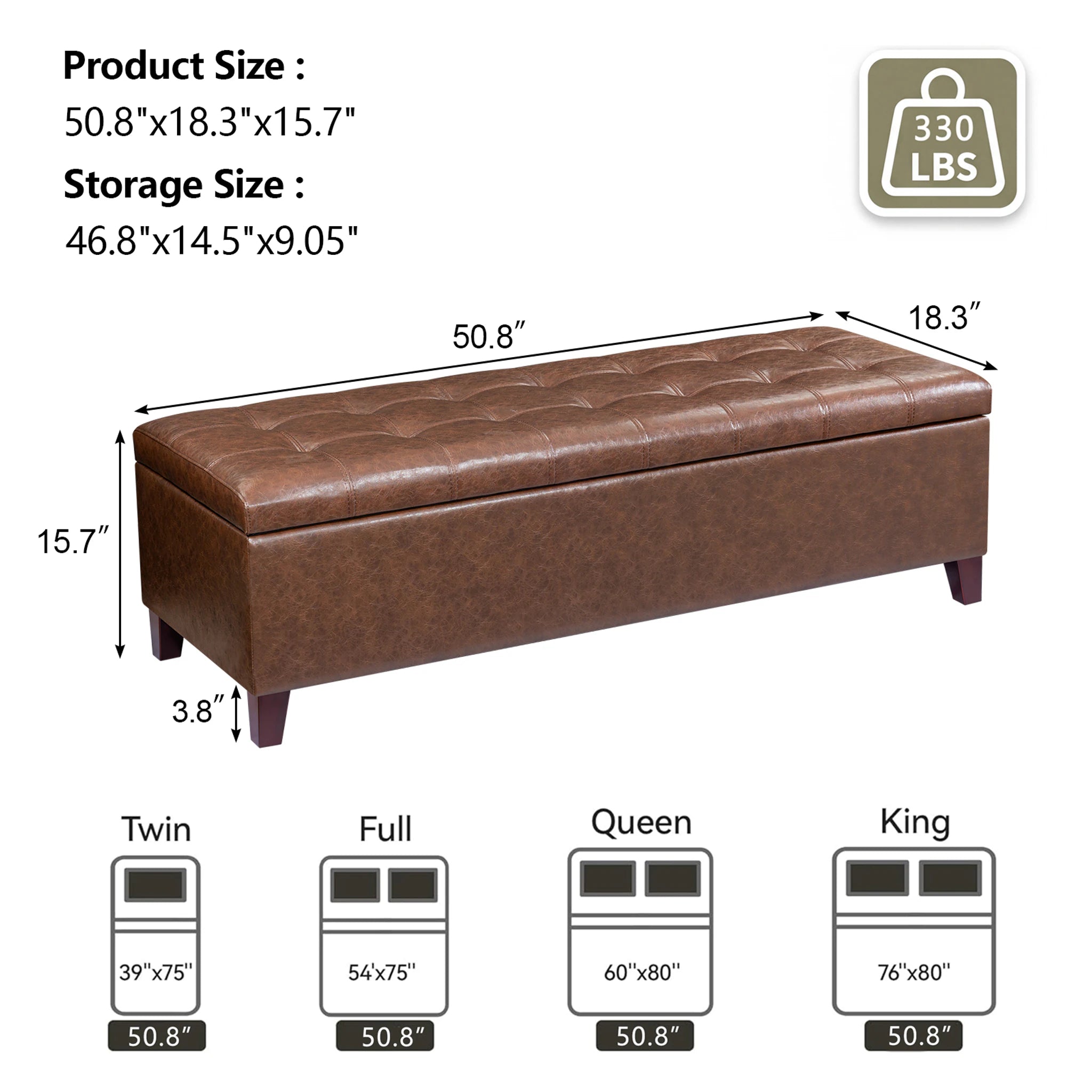 Joveco Distressed Brown Tufted Faux Leather Storage Ottoman Bench – dimensions chart