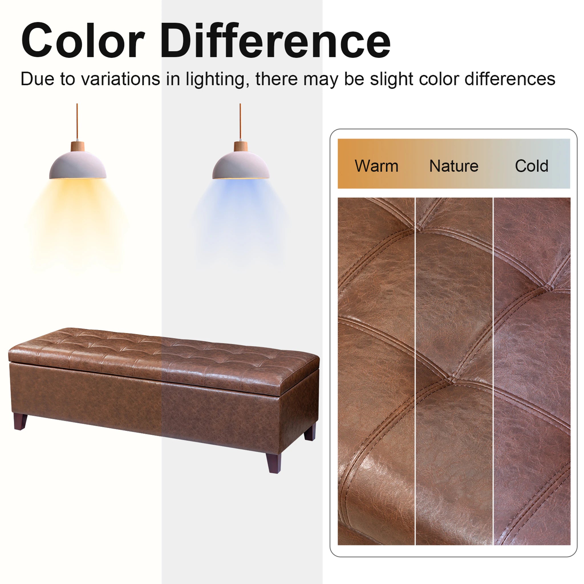 Joveco Distressed Brown Tufted Faux Leather Storage Ottoman Bench – detail and materials view