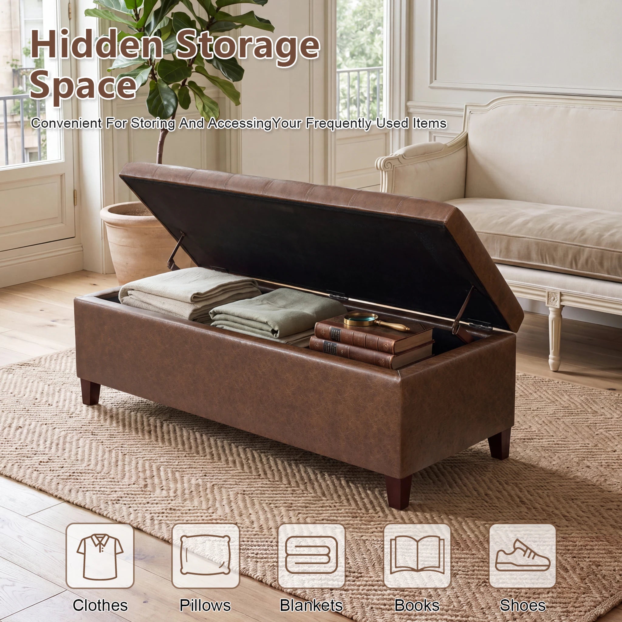 Joveco Distressed Brown Tufted Faux Leather Storage Ottoman Bench – lifestyle room view