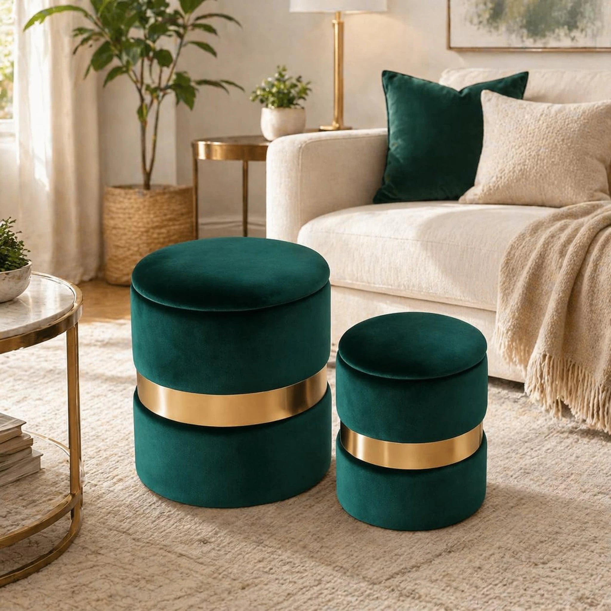 Joveco Emerald Green Velvet Round Storage Ottoman – styled home scene