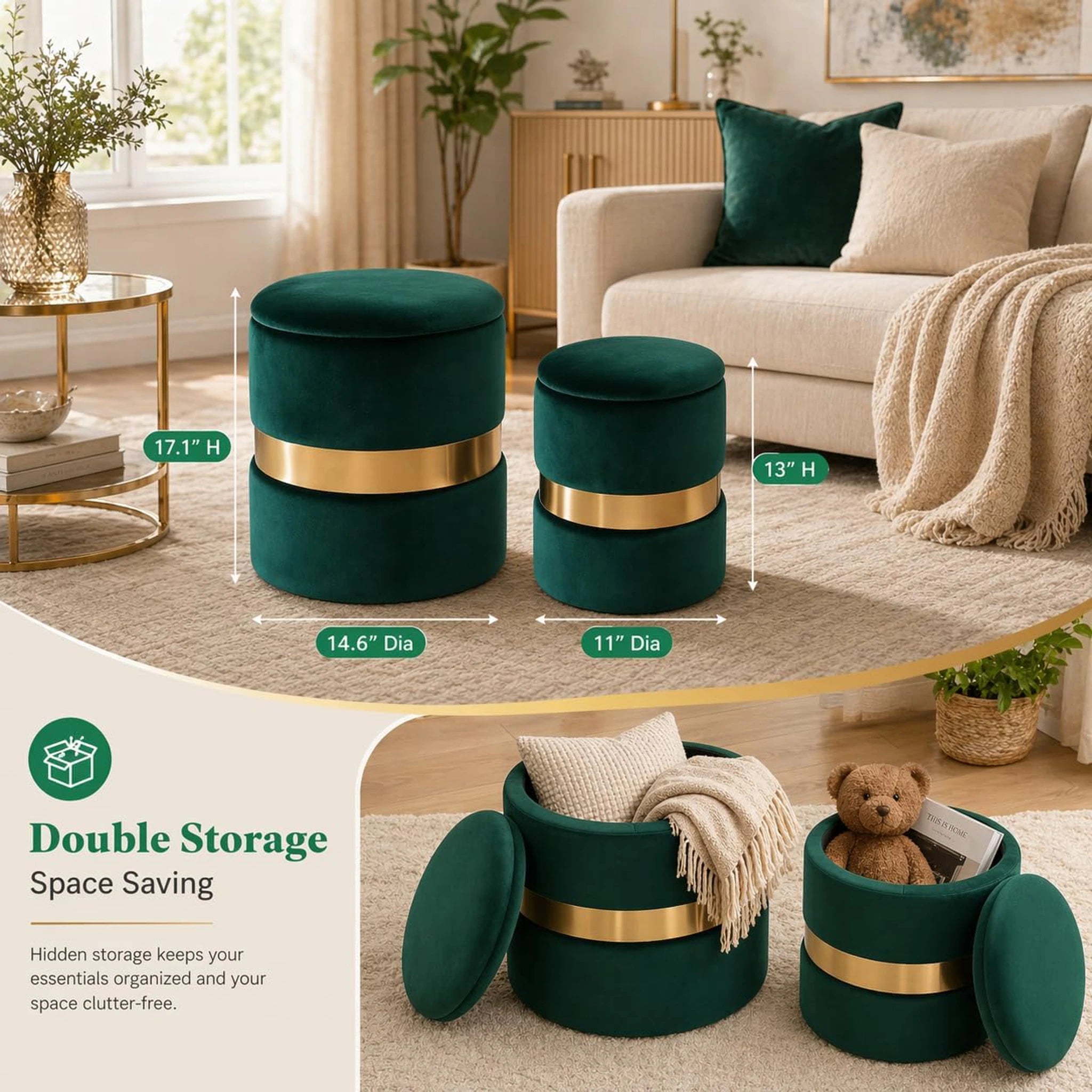 Joveco Emerald Green Velvet Round Storage Ottoman – dimensions chart