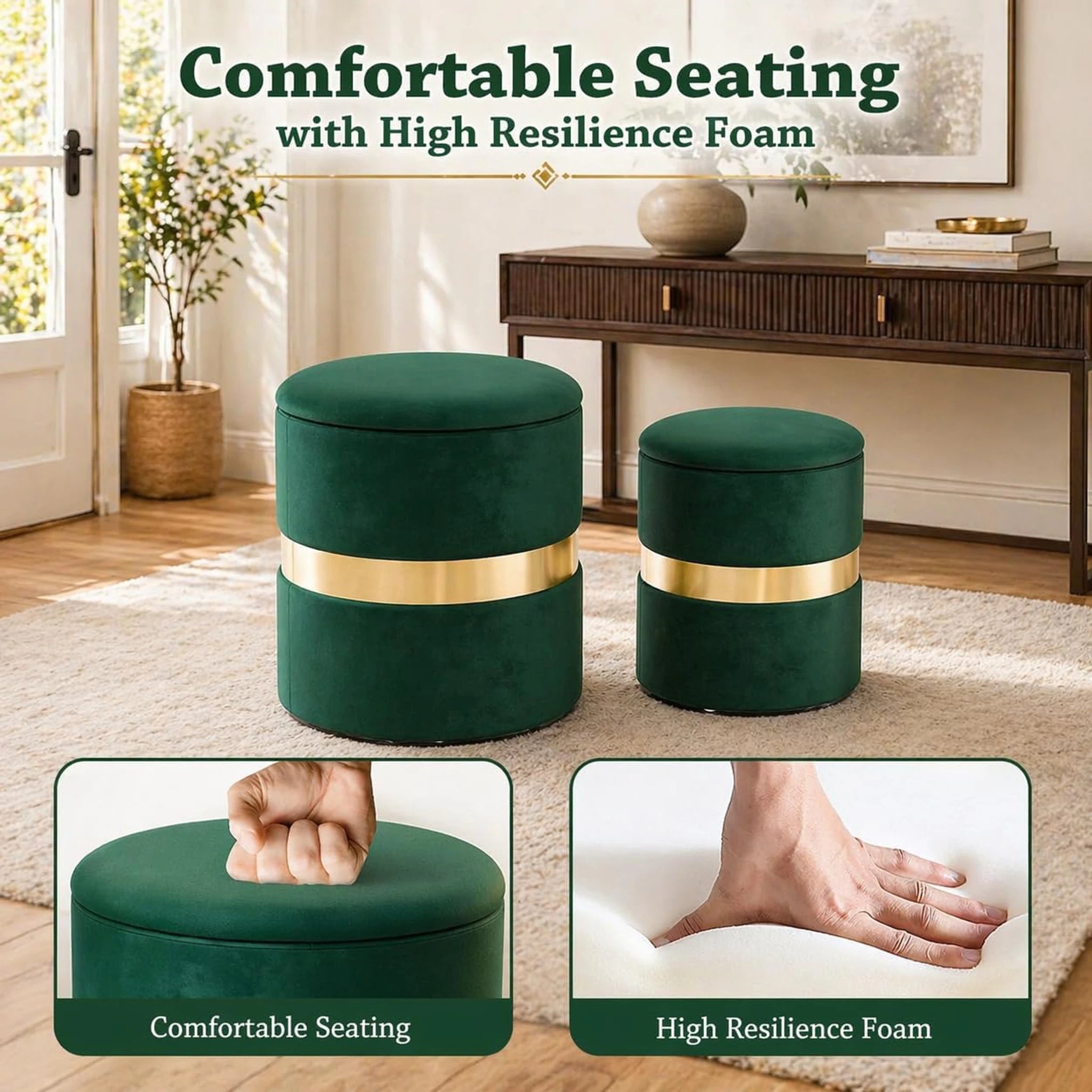 Joveco Emerald Green Velvet Round Storage Ottoman – detail and materials view