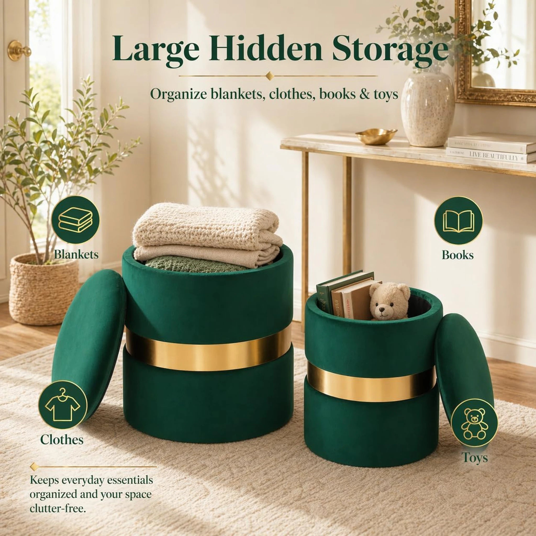 Joveco Emerald Green Velvet Round Storage Ottoman – lifestyle room view