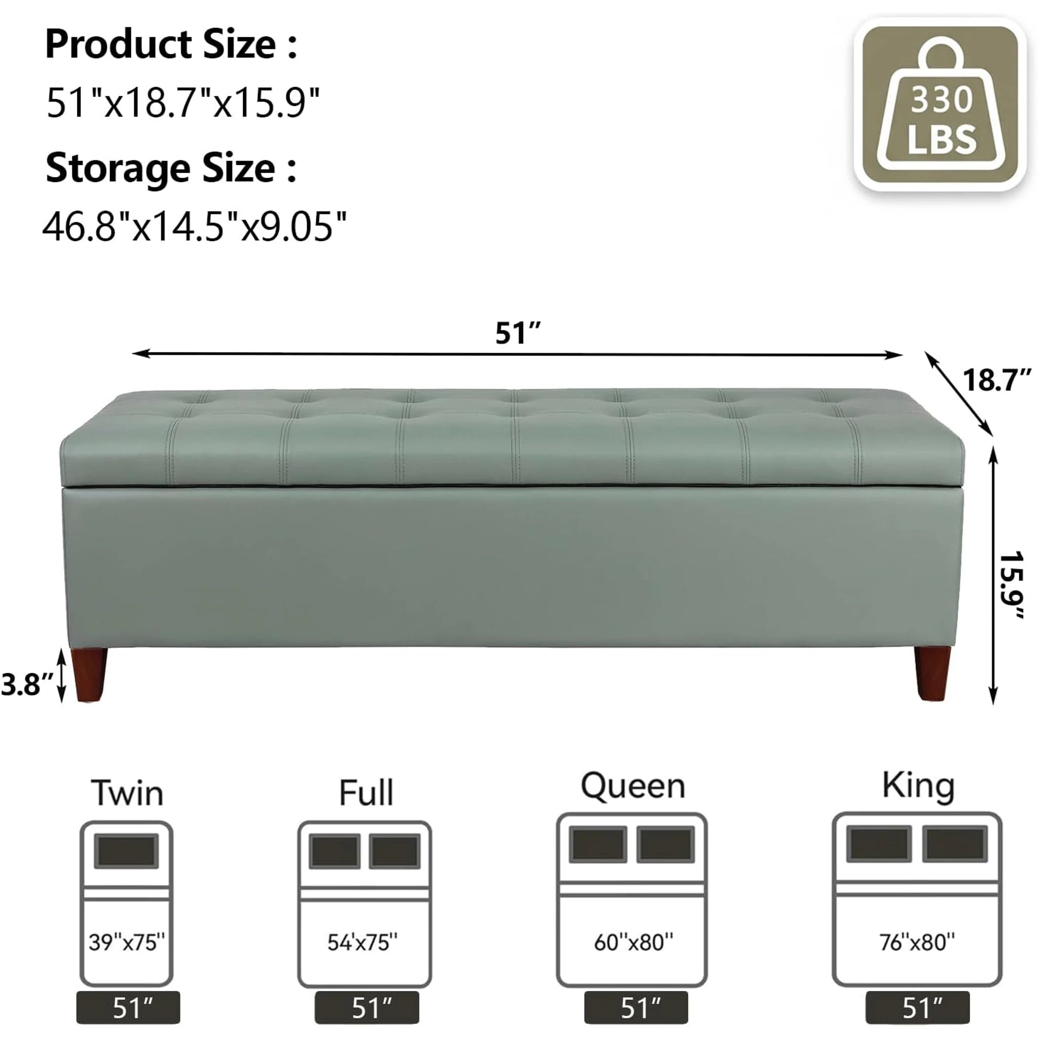 Joveco Gray Green Tufted Faux Leather Storage Ottoman Bench – dimensions chart