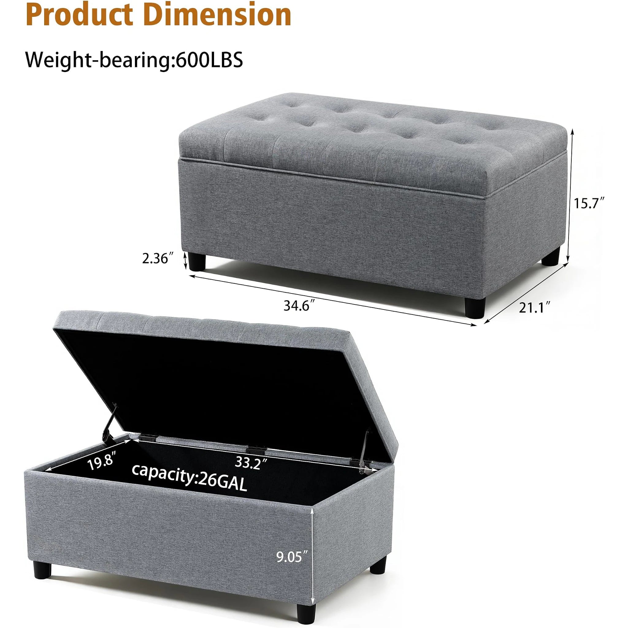 Joveco Gray Lift-Top Linen Storage Ottoman Bench – dimensions chart