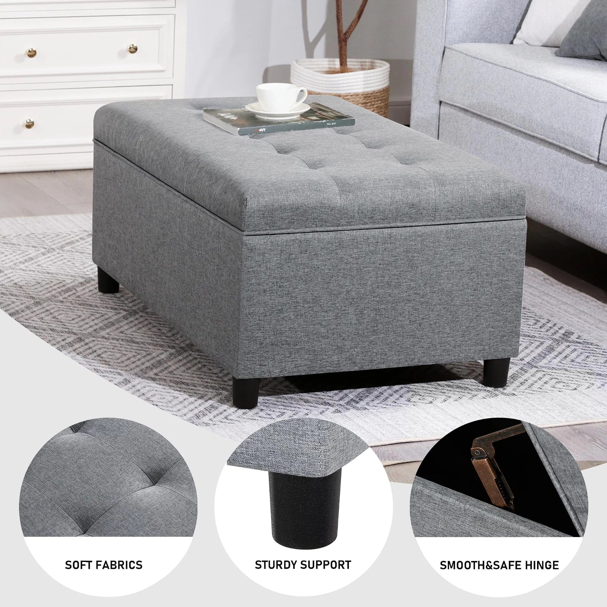 Joveco Gray Lift-Top Linen Storage Ottoman Bench – detail and materials view