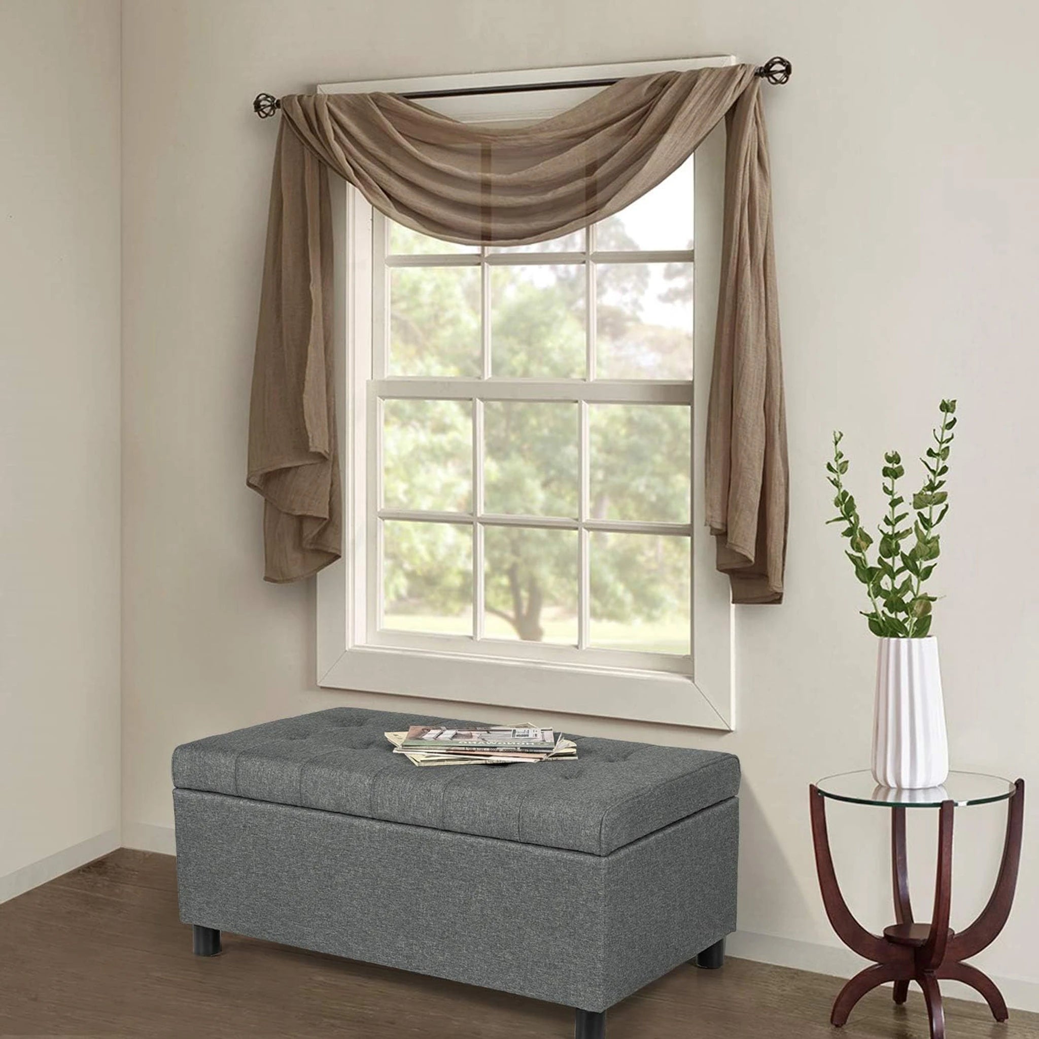 Joveco Gray Lift-Top Tufted Fabric Storage Ottoman – styled home scene