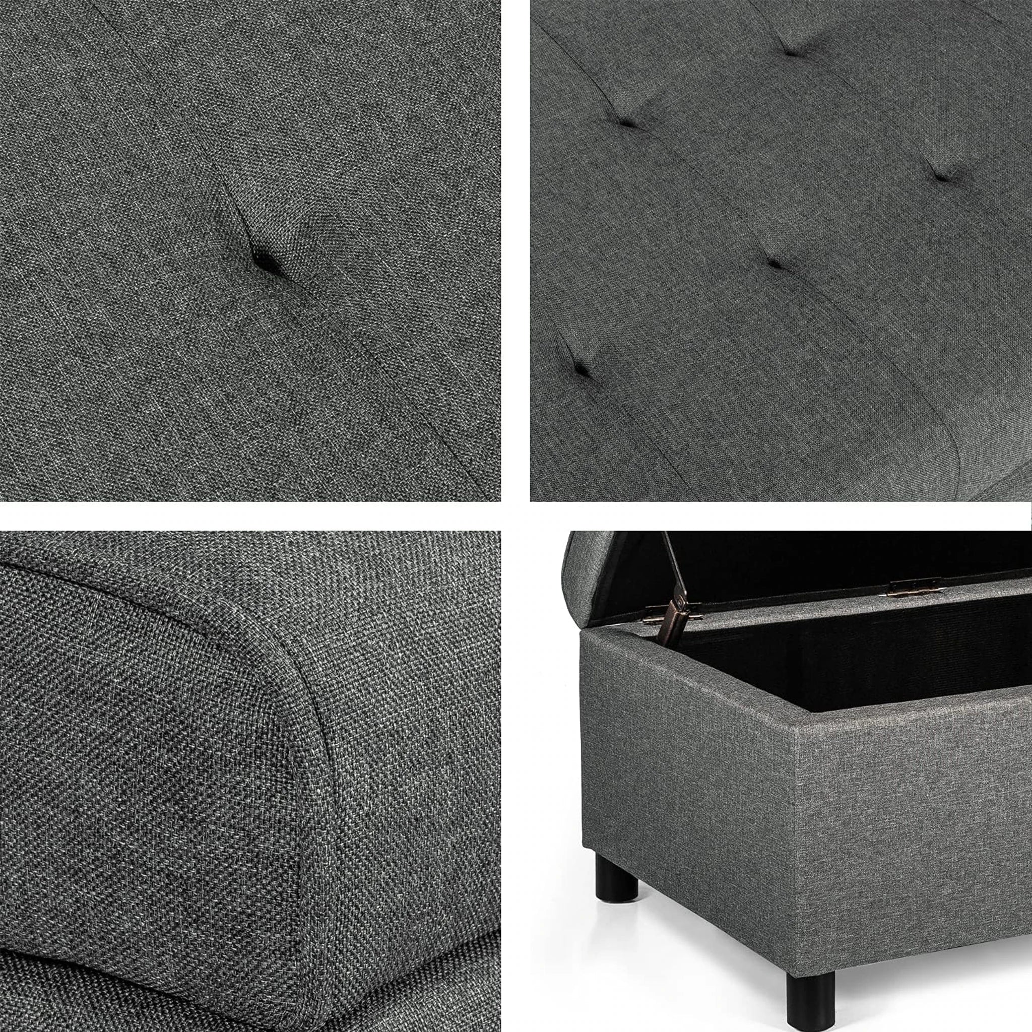 Joveco Gray Lift-Top Tufted Fabric Storage Ottoman – detail and materials view