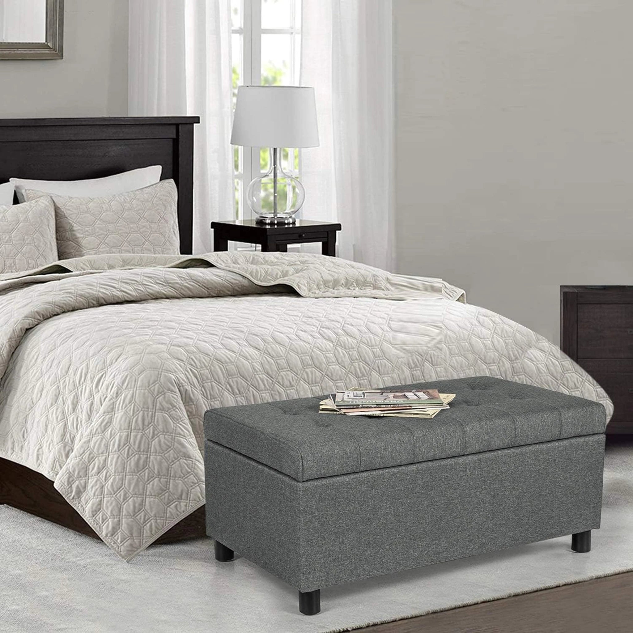 Joveco Gray Lift-Top Tufted Fabric Storage Ottoman – lifestyle room view