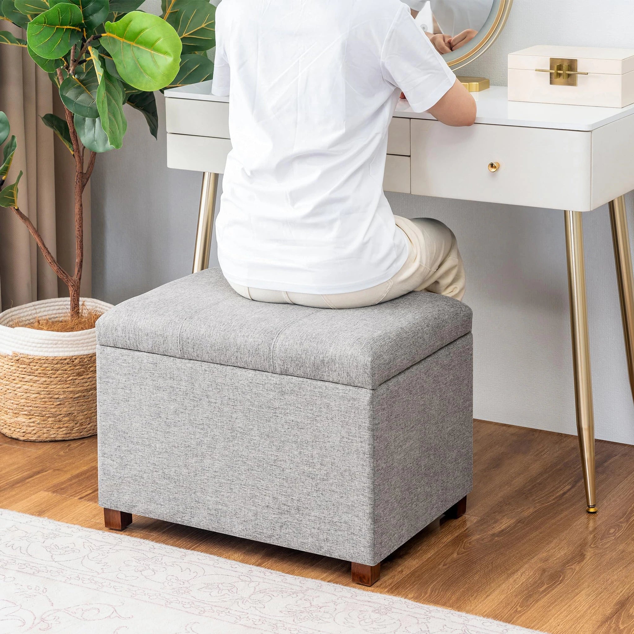Joveco Gray Tufted Faux Leather Storage Ottoman – detail and materials view