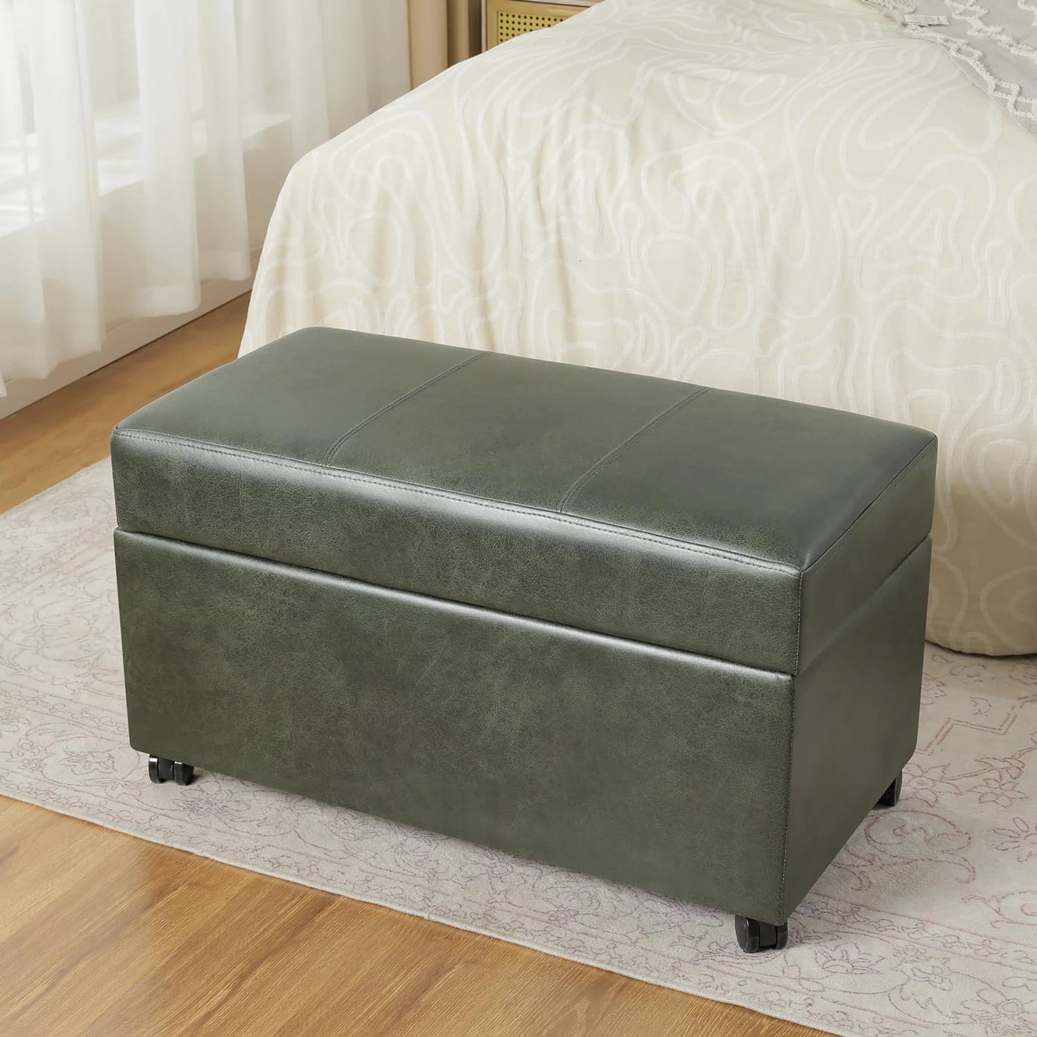 Joveco Green, 32" Wide With Wheels Faux Leather Storage Ottoman Bench – styled home scene