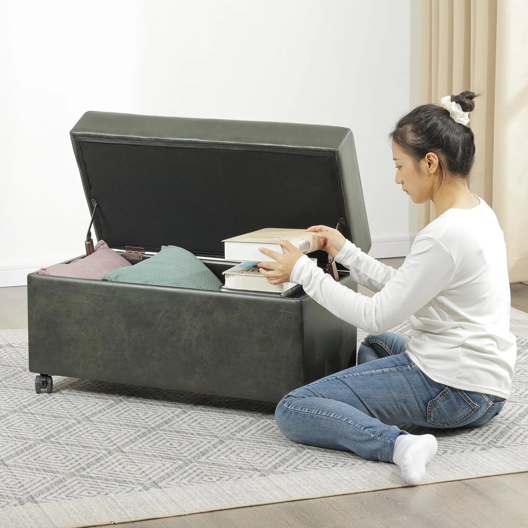 Joveco Green, 32" Wide With Wheels Faux Leather Storage Ottoman Bench – detail and materials view