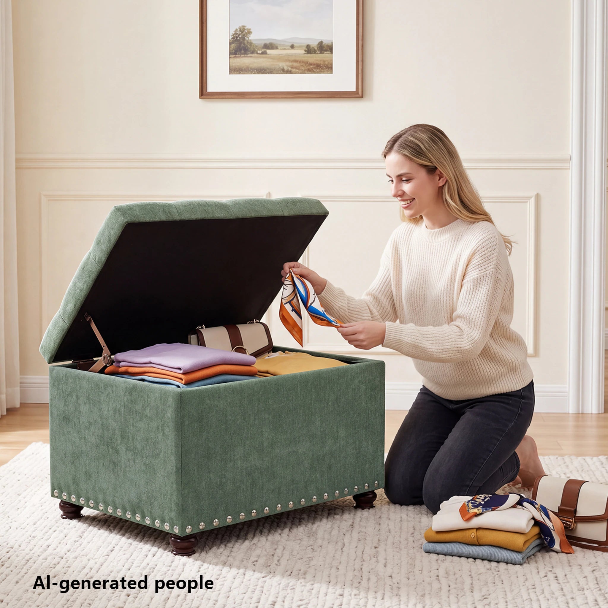 Joveco Green Fabric Storage Ottoman – detail and materials view
