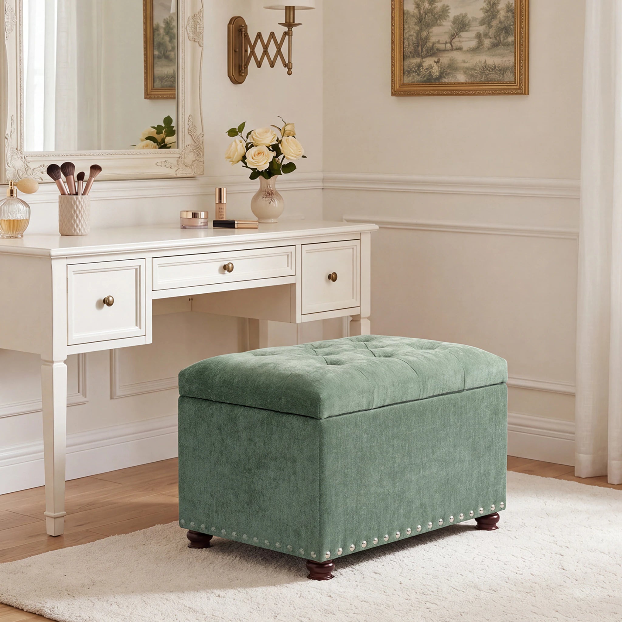 Joveco Green Fabric Storage Ottoman – lifestyle room view