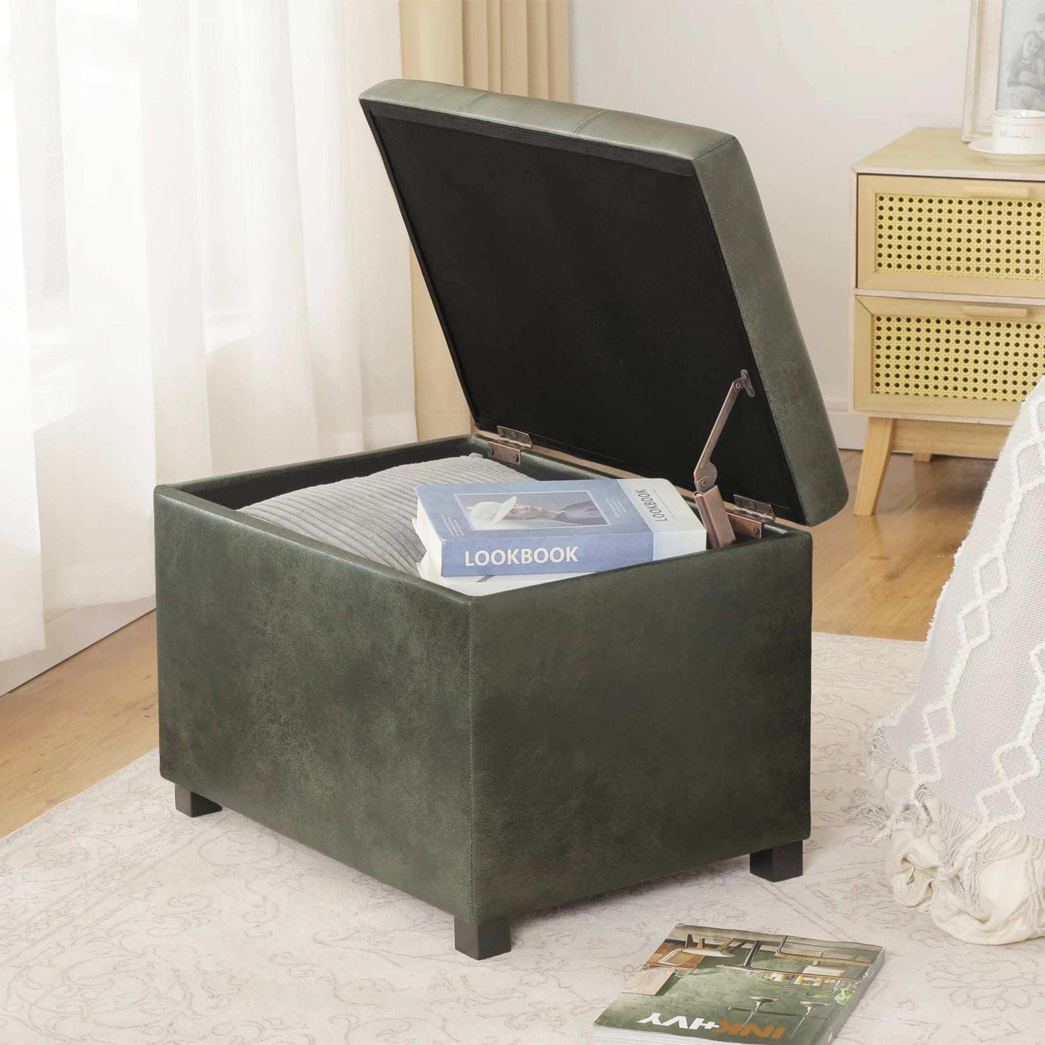 Joveco Green Tufted Faux Leather Storage Ottoman – styled home scene