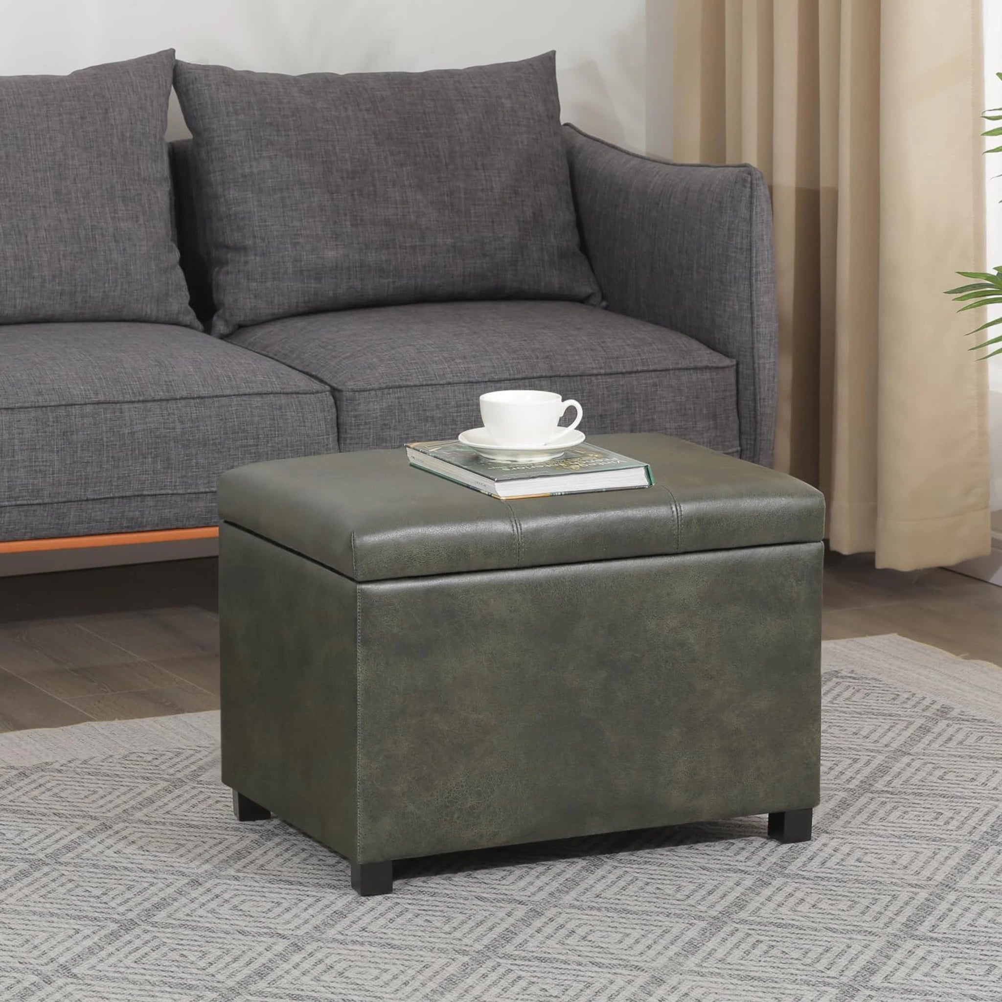Joveco Green Tufted Faux Leather Storage Ottoman – detail and materials view
