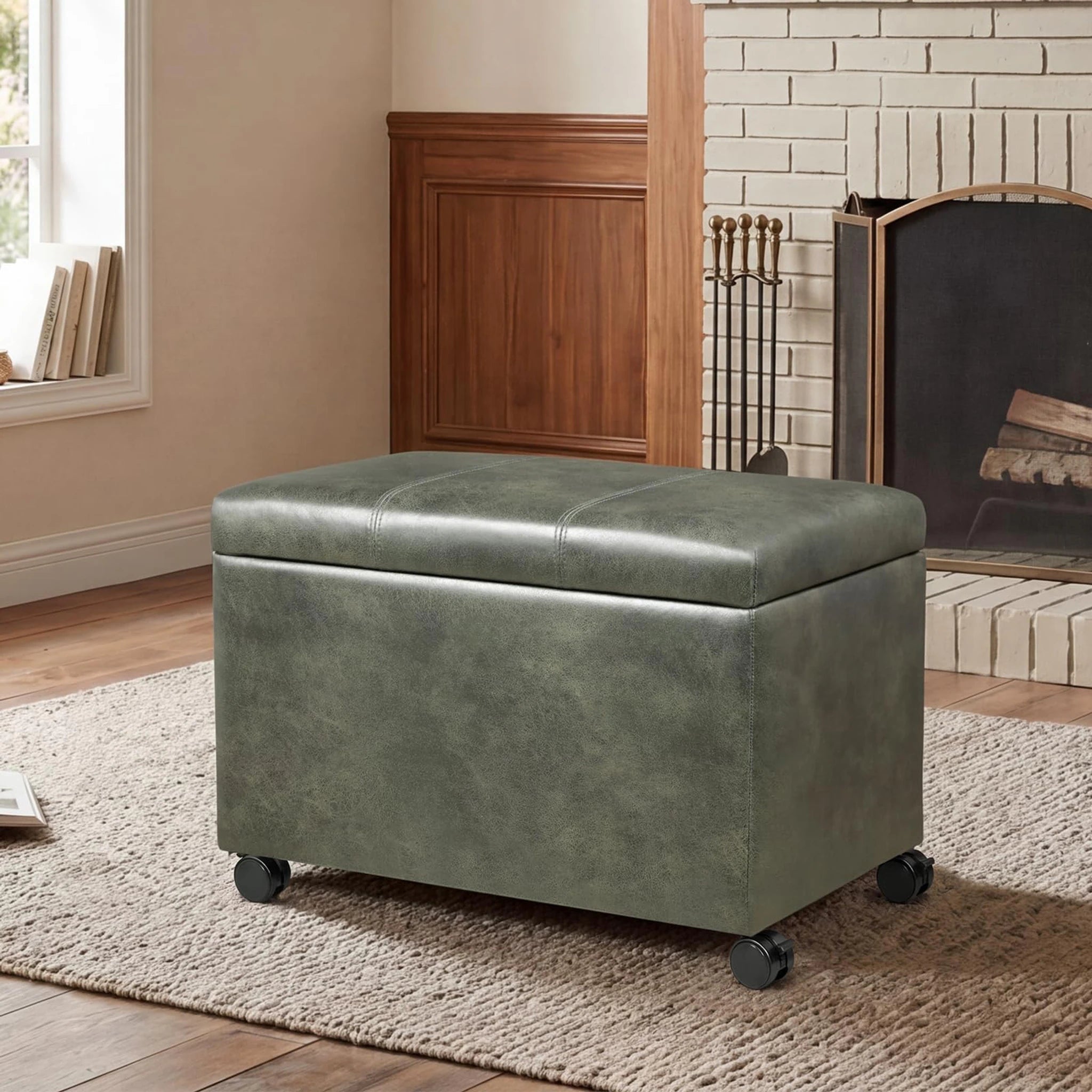 Joveco Green, Wheels Faux Leather Storage Ottoman – styled home scene