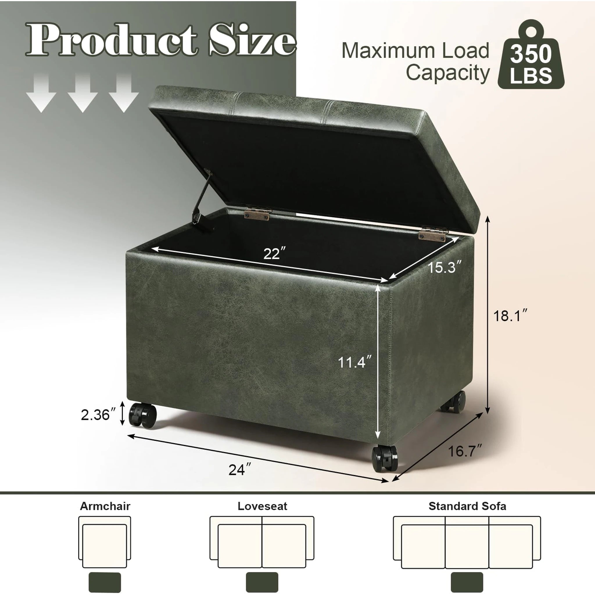 Joveco Green, Wheels Faux Leather Storage Ottoman – dimensions chart