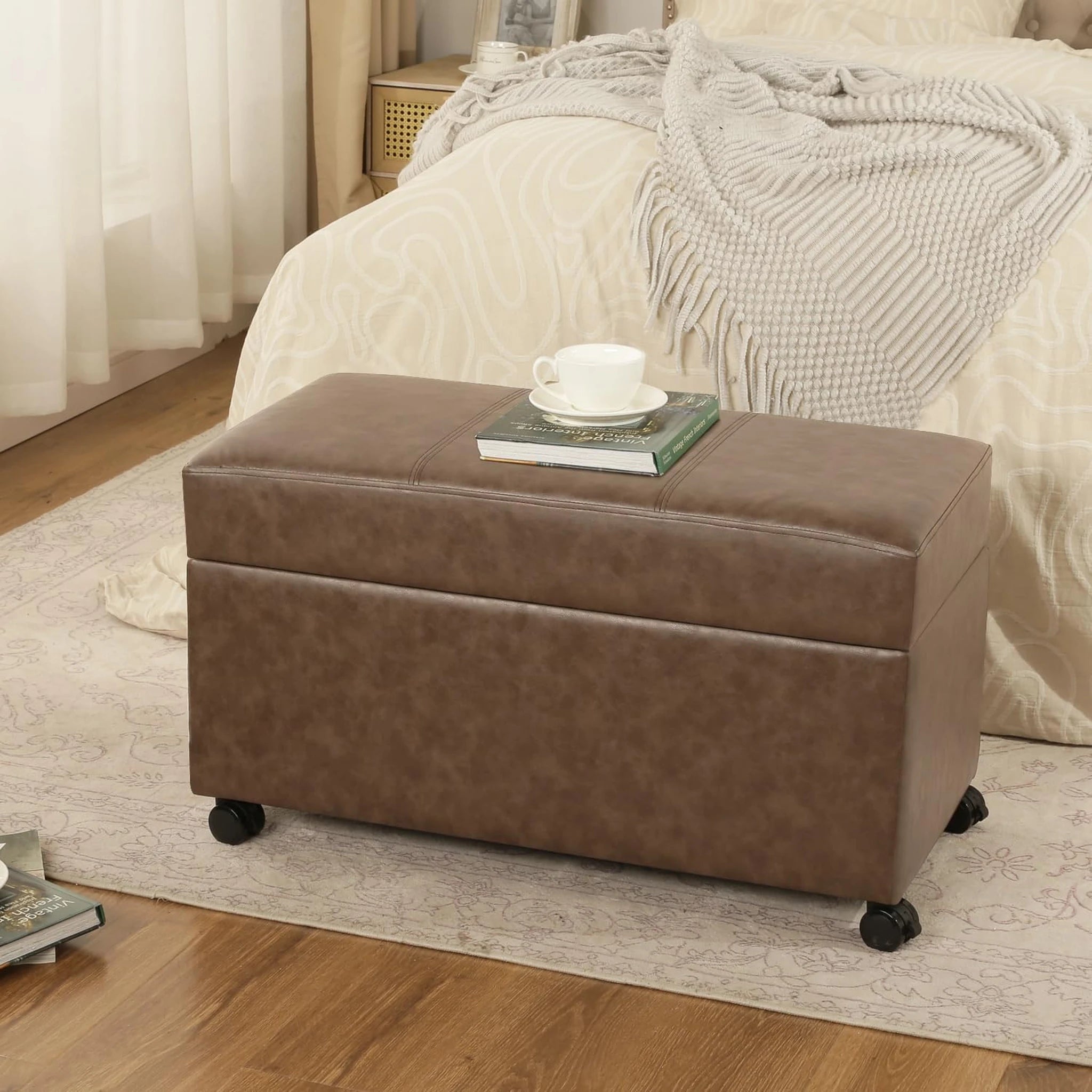 Joveco Grey, 32" Wide Faux Leather Storage Ottoman Bench – styled home scene