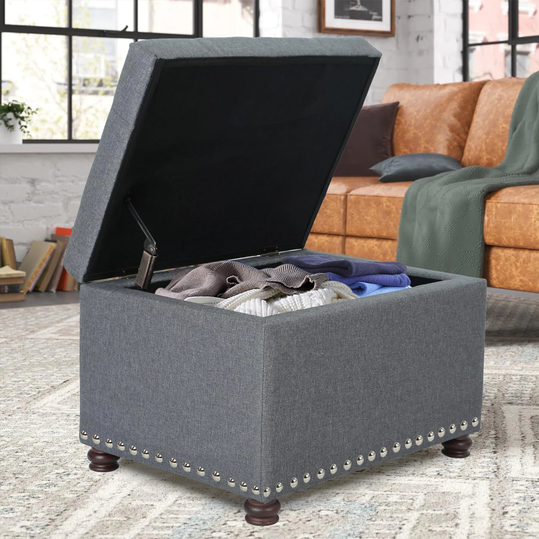 Joveco Grey Fabric Storage Ottoman – detail and materials view
