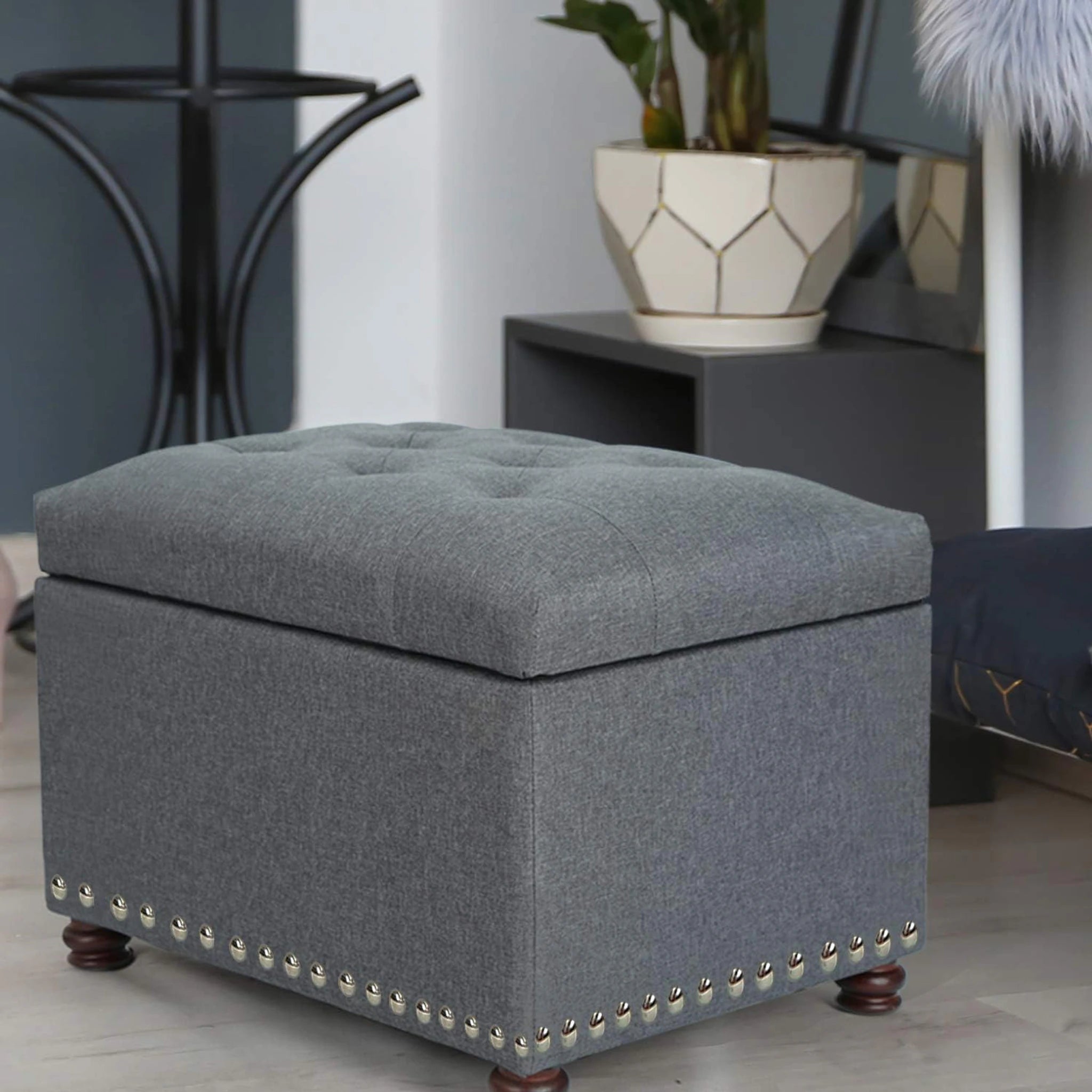 Joveco Grey Fabric Storage Ottoman – lifestyle room view