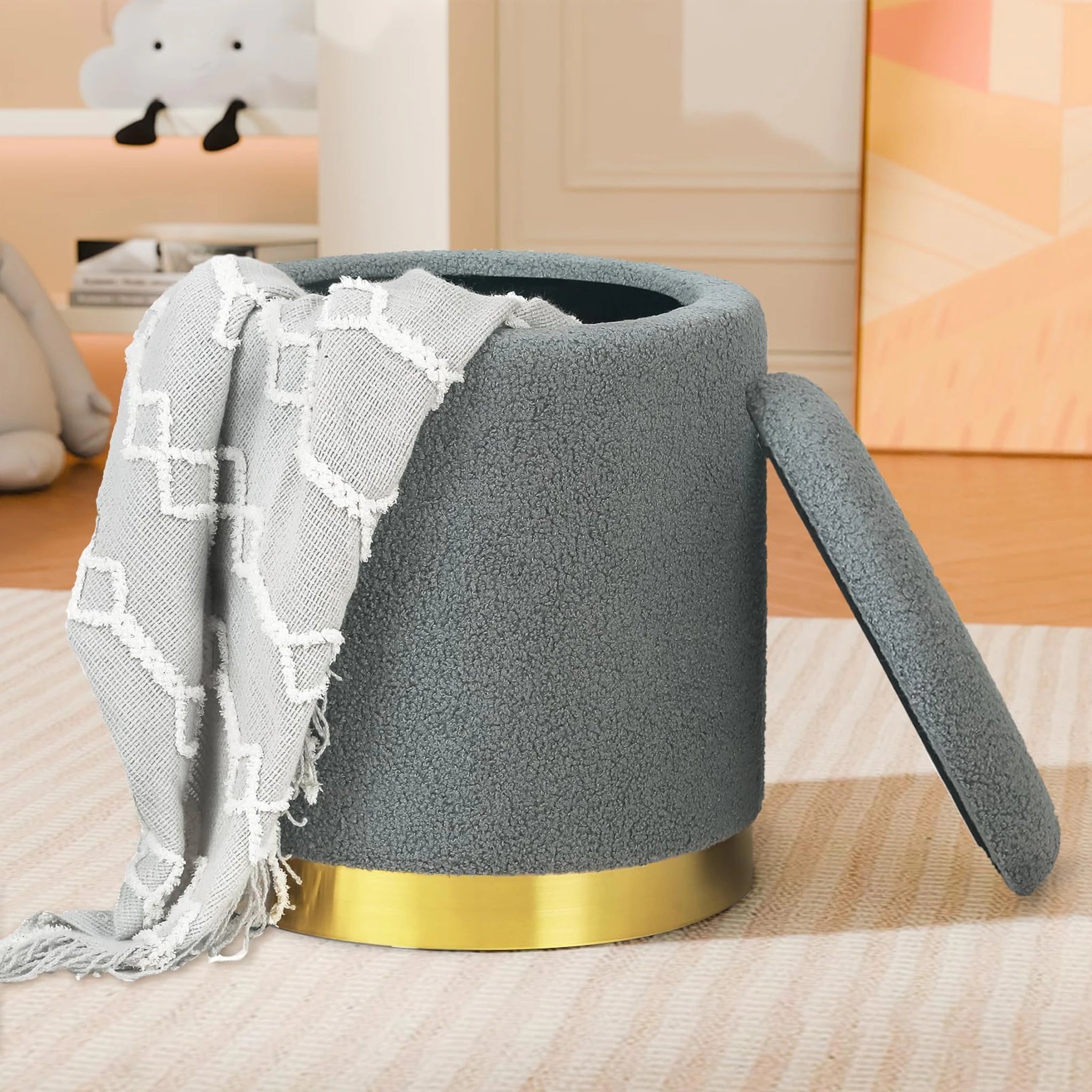Joveco Grey Metro Round Velvet Storage Ottoman – styled home scene