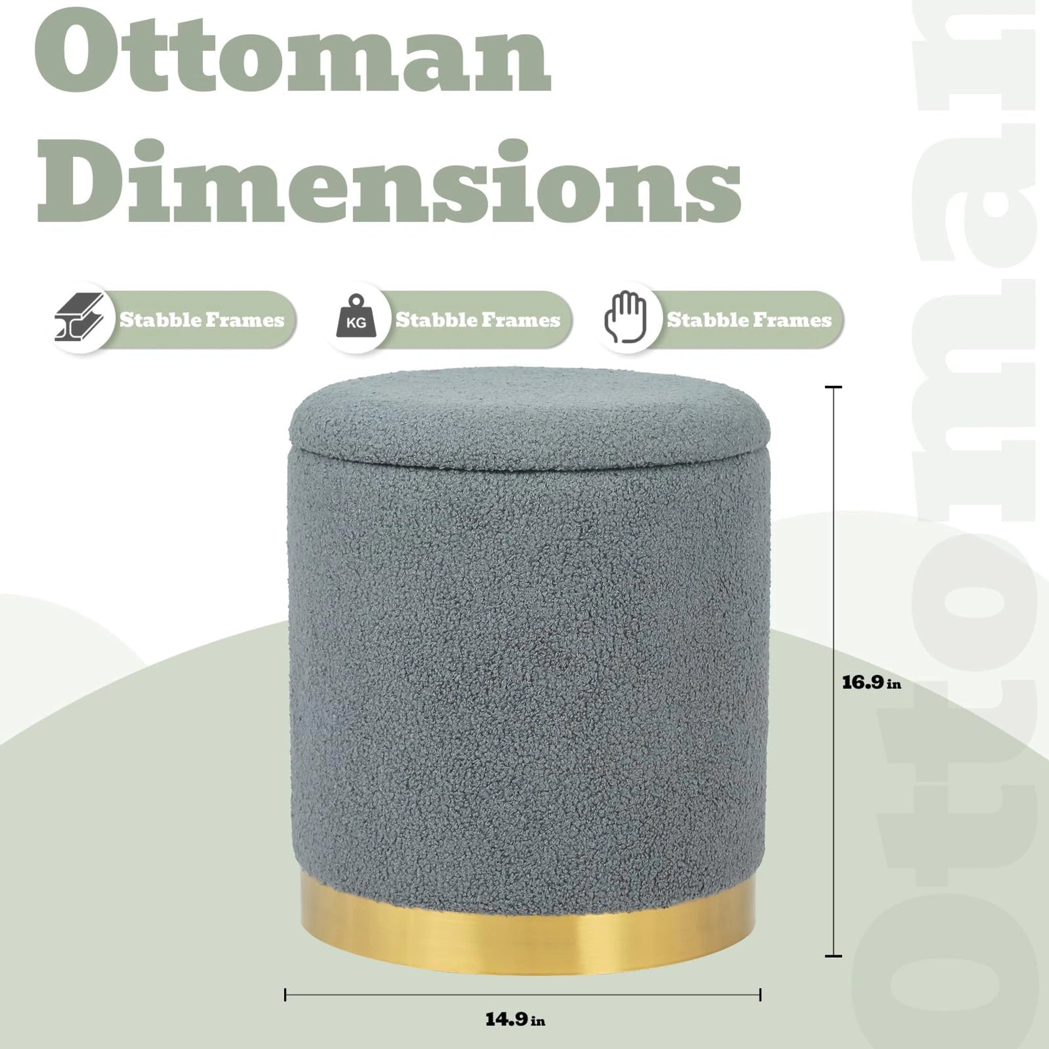 Joveco Grey Metro Round Velvet Storage Ottoman – dimensions chart