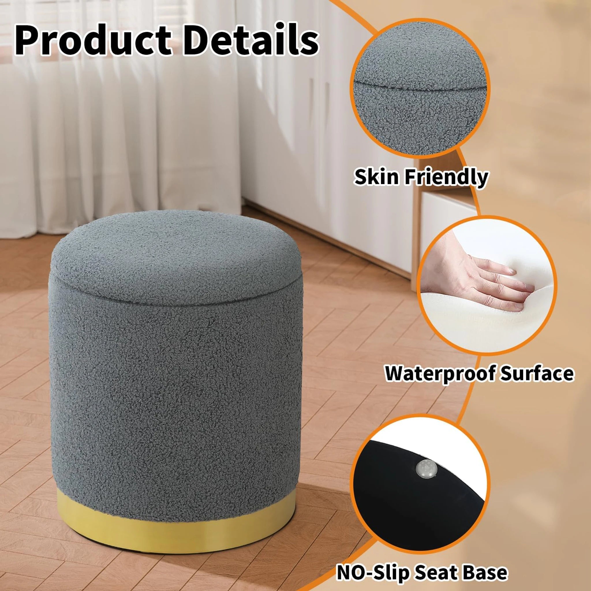 Joveco Grey Metro Round Velvet Storage Ottoman – detail and materials view
