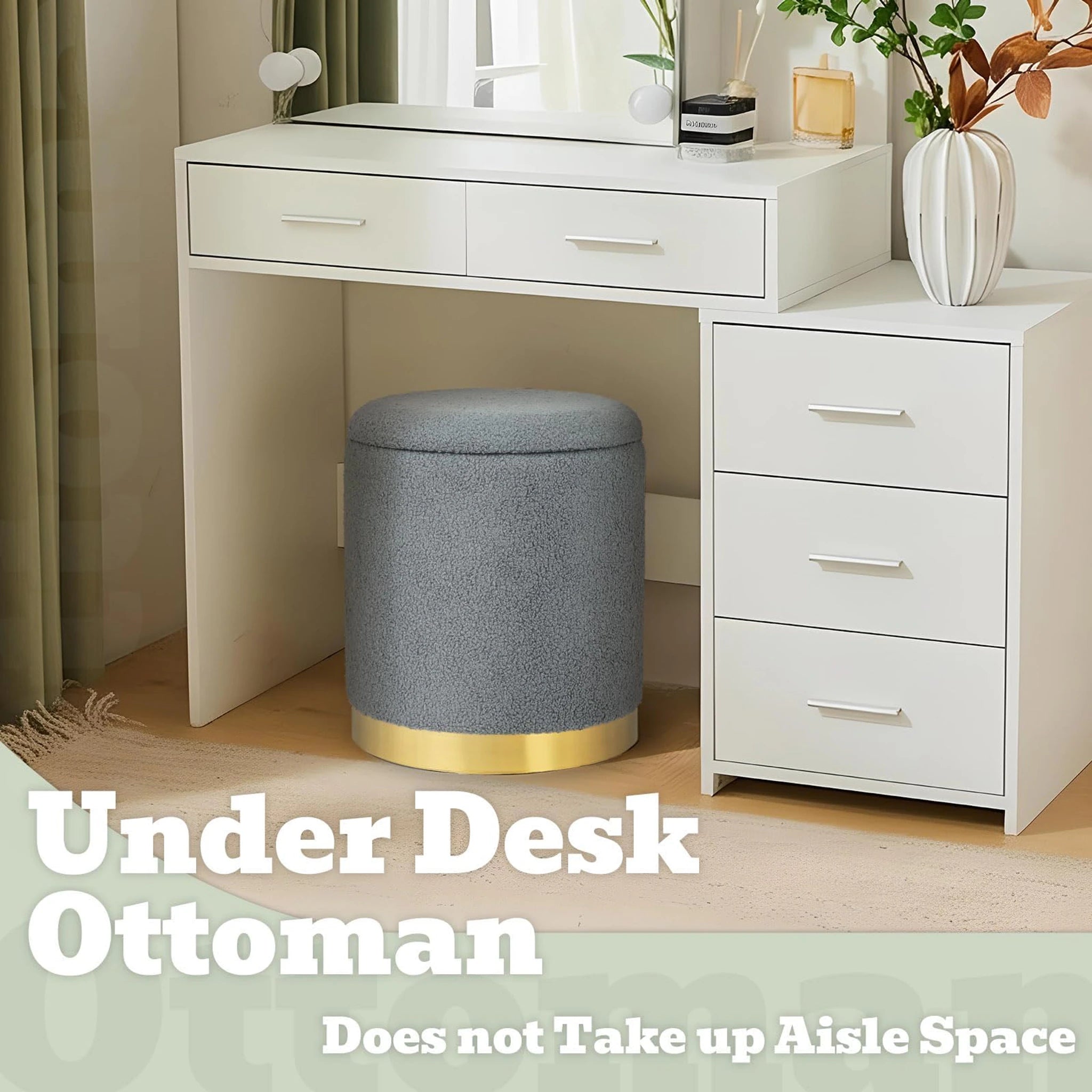 Joveco Grey Metro Round Velvet Storage Ottoman – lifestyle room view