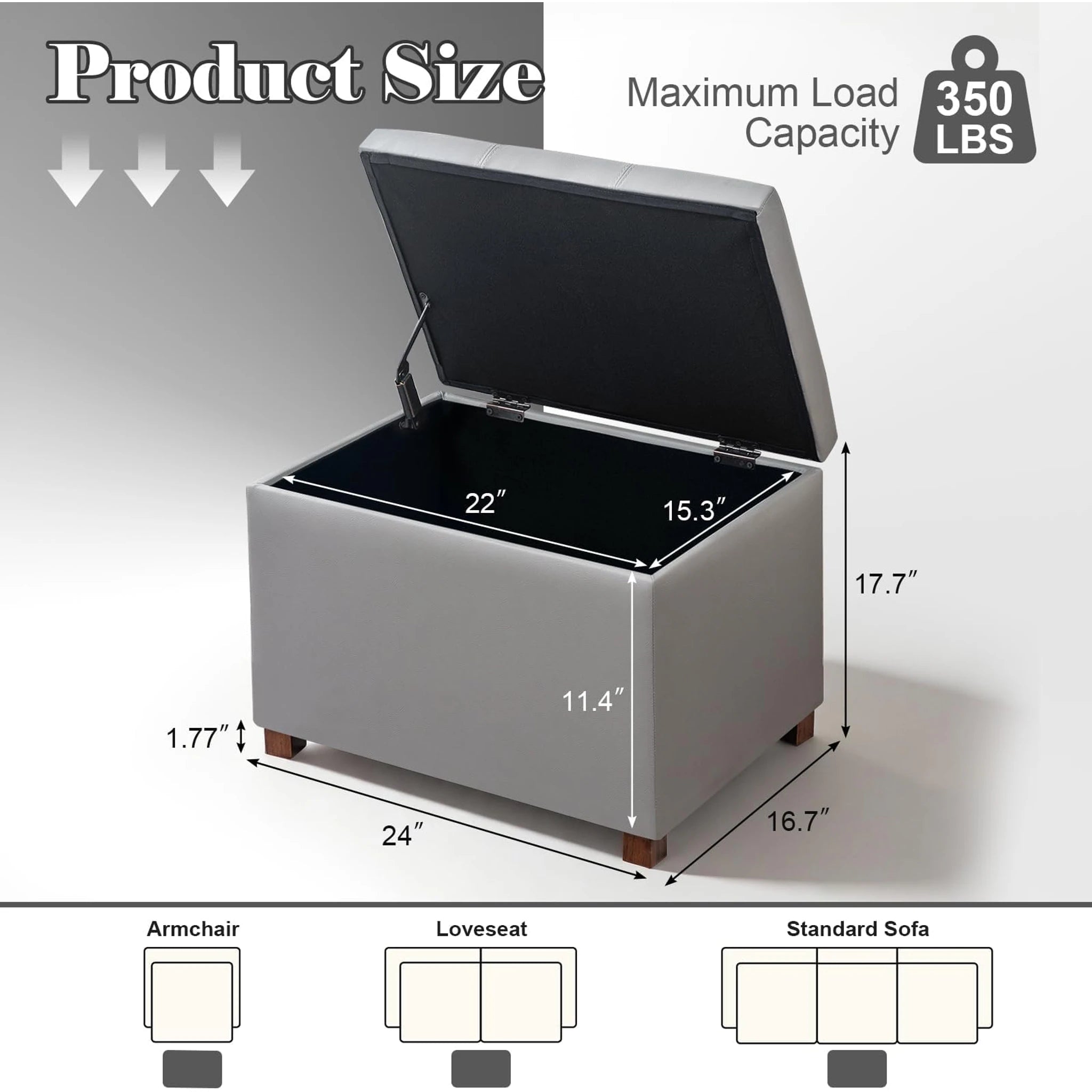 Joveco Grey Tufted Faux Leather Storage Ottoman – dimensions chart