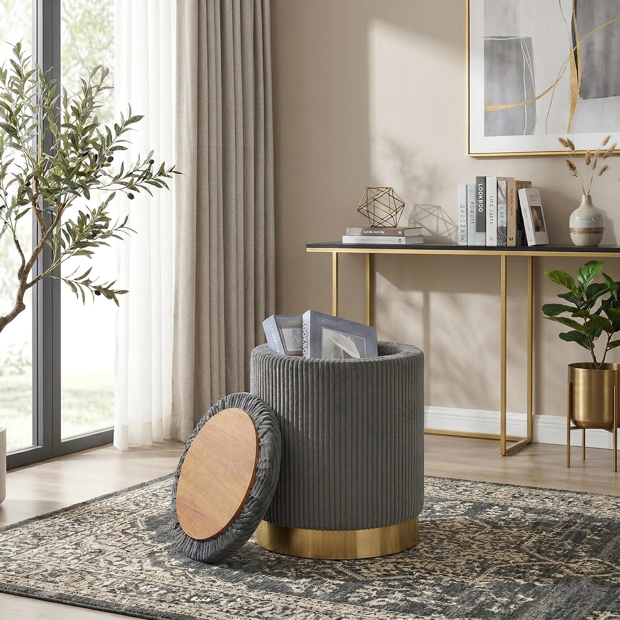 Joveco Grey Velvet Round Storage Ottoman – styled home scene