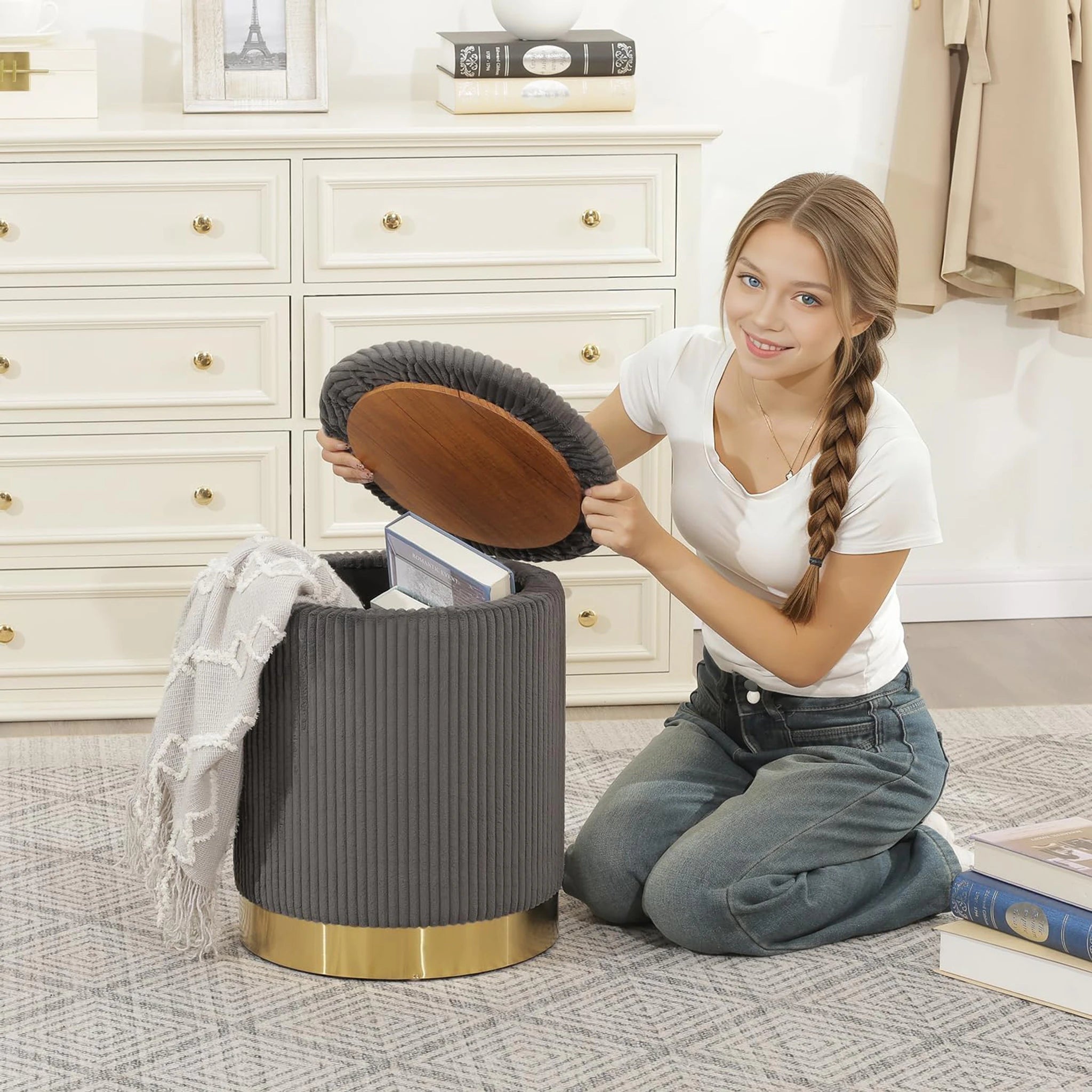 Joveco Grey Velvet Round Storage Ottoman – detail and materials view