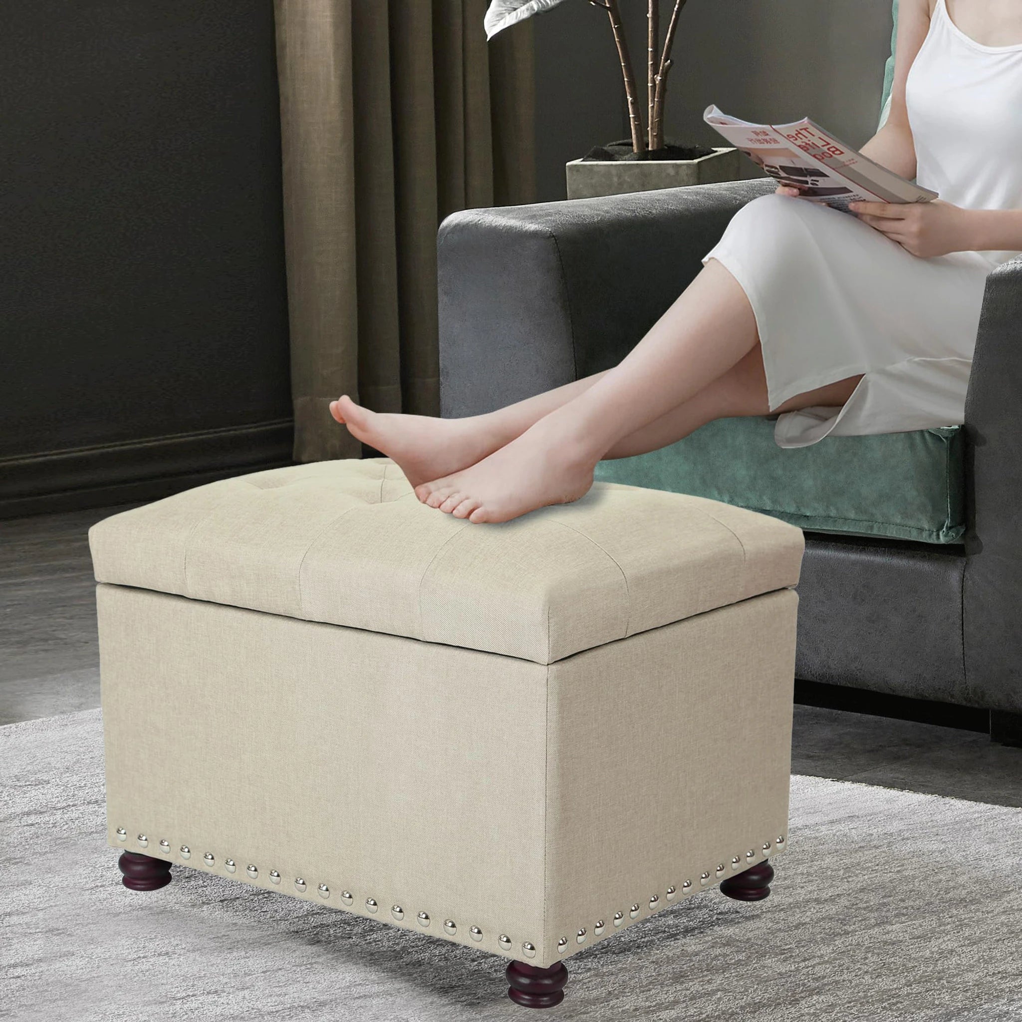 Joveco Ivory Fabric Storage Ottoman – lifestyle room view