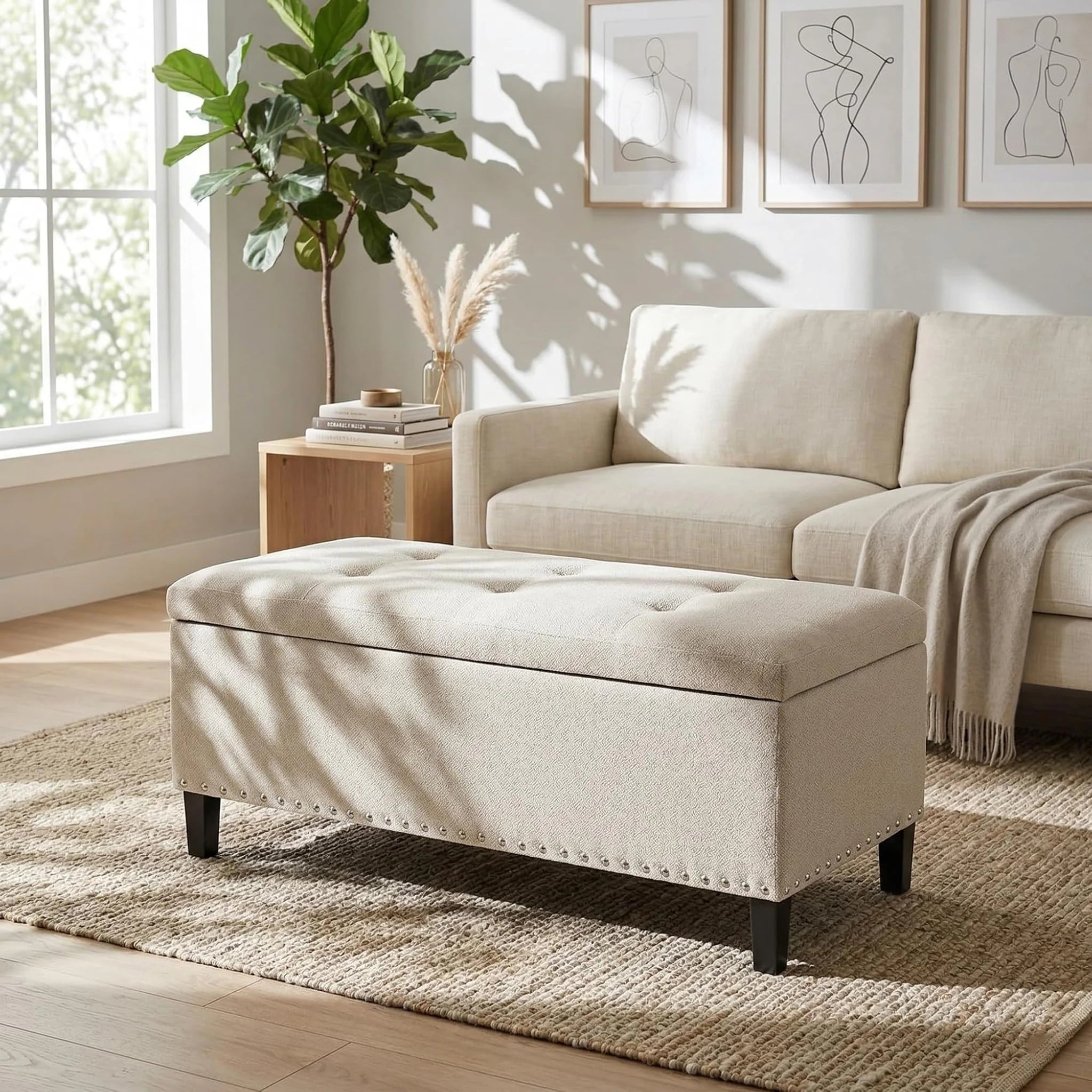 Joveco Light Beige Tufted Linen Storage Ottoman – styled home scene