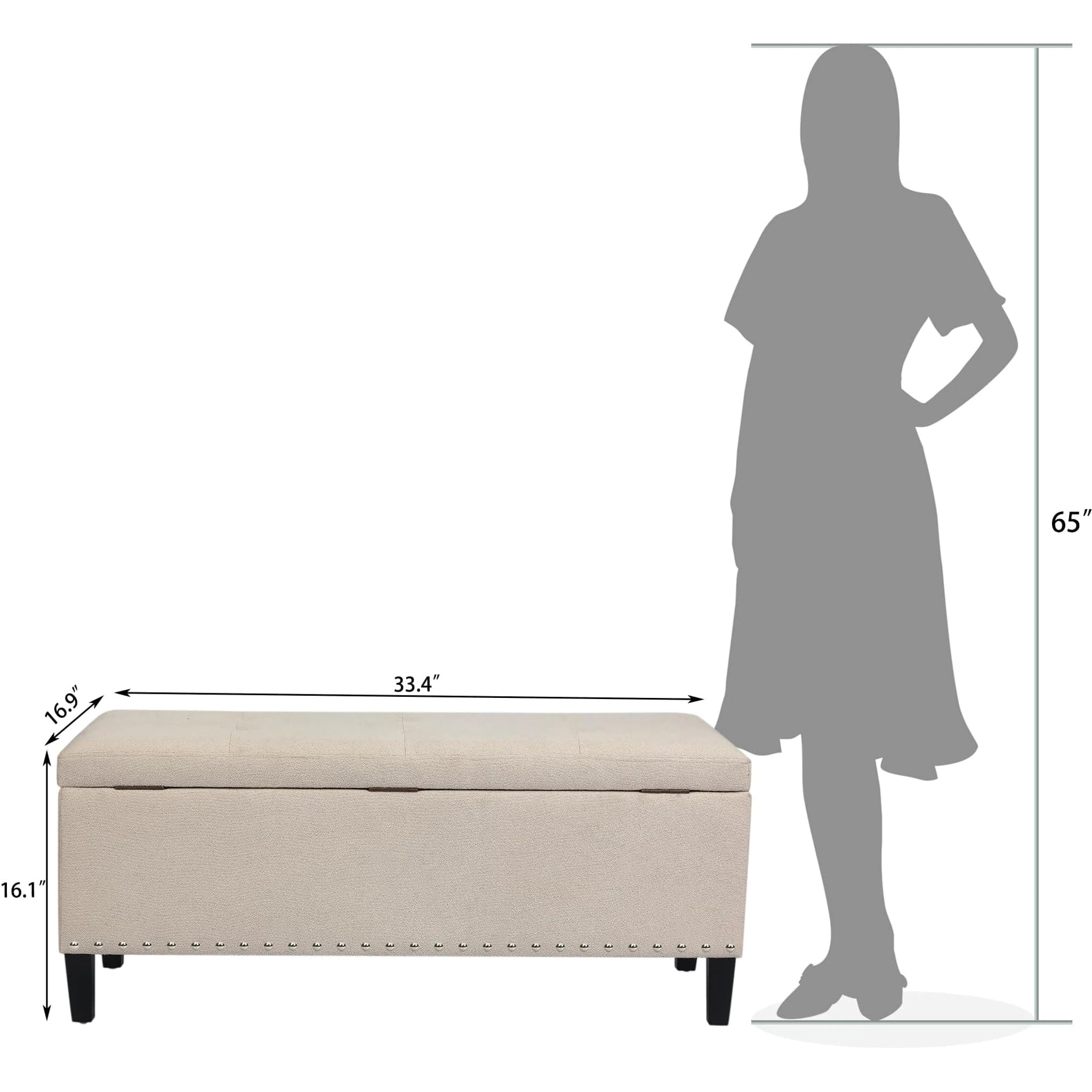 Joveco Light Beige Tufted Linen Storage Ottoman – dimensions chart