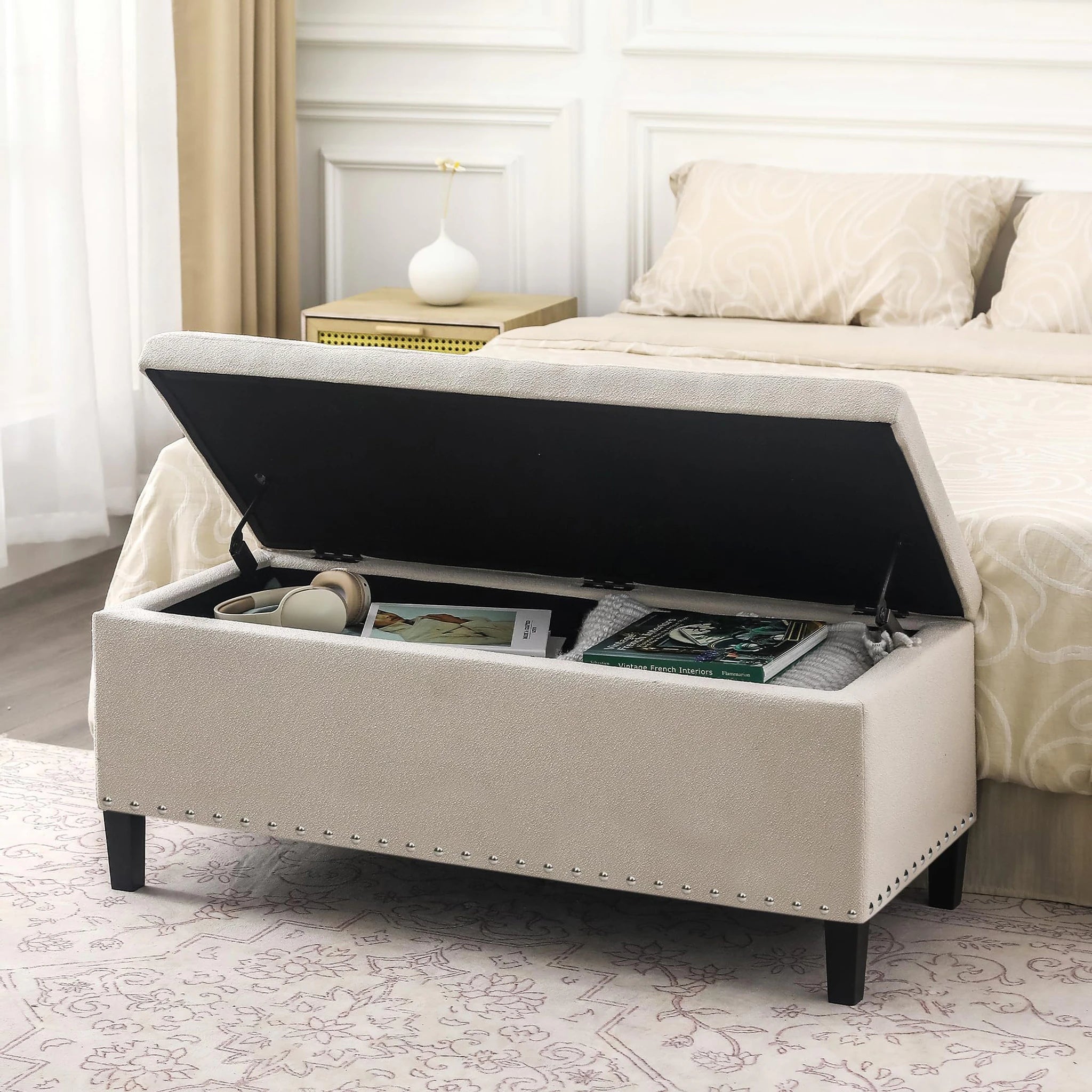 Joveco Light Beige Tufted Linen Storage Ottoman – detail and materials view