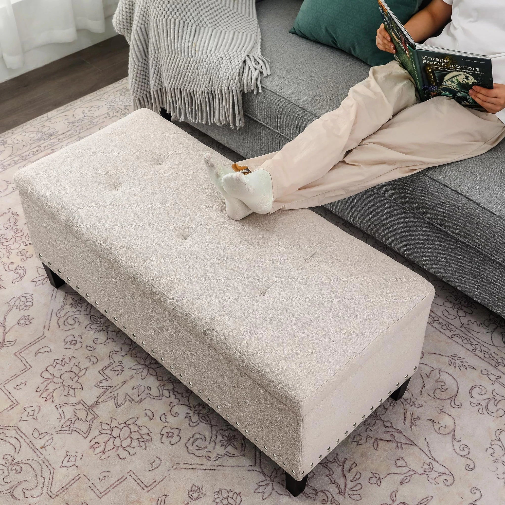 Joveco Light Beige Tufted Linen Storage Ottoman – lifestyle room view