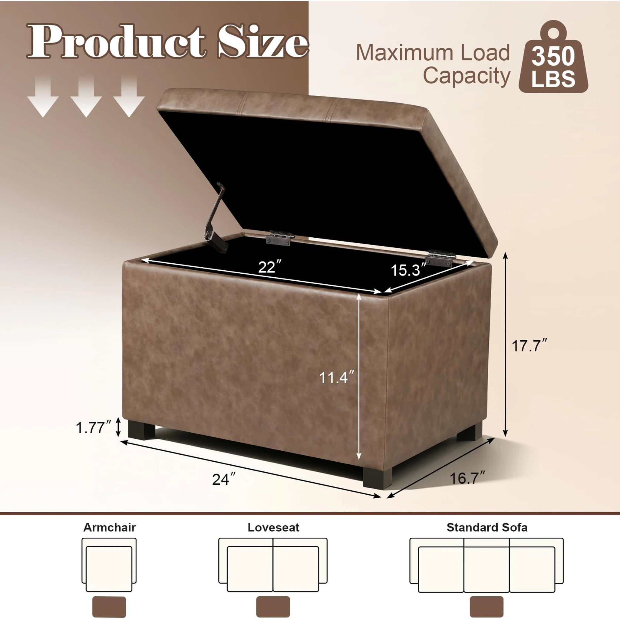 Joveco Light Brown Tufted Faux Leather Storage Ottoman – dimensions chart