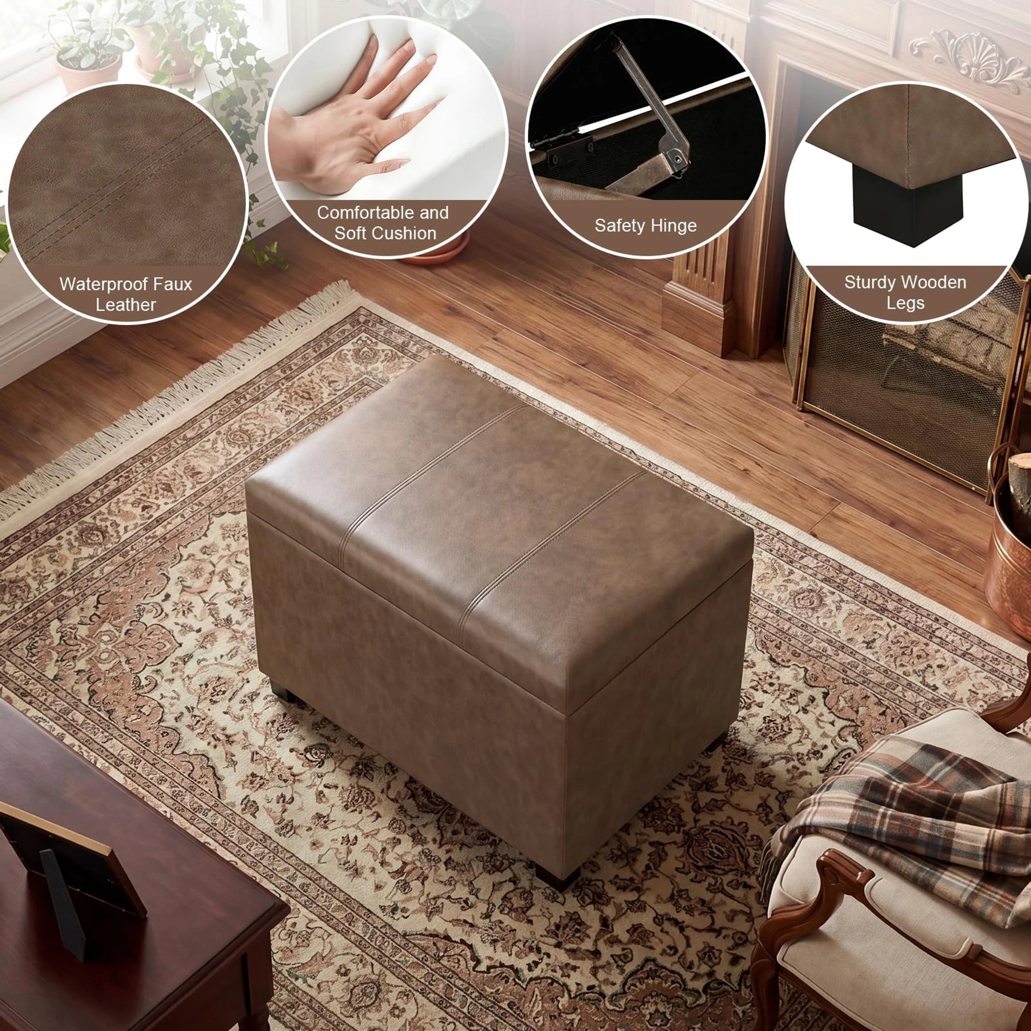 Joveco Light Brown Tufted Faux Leather Storage Ottoman – detail and materials view