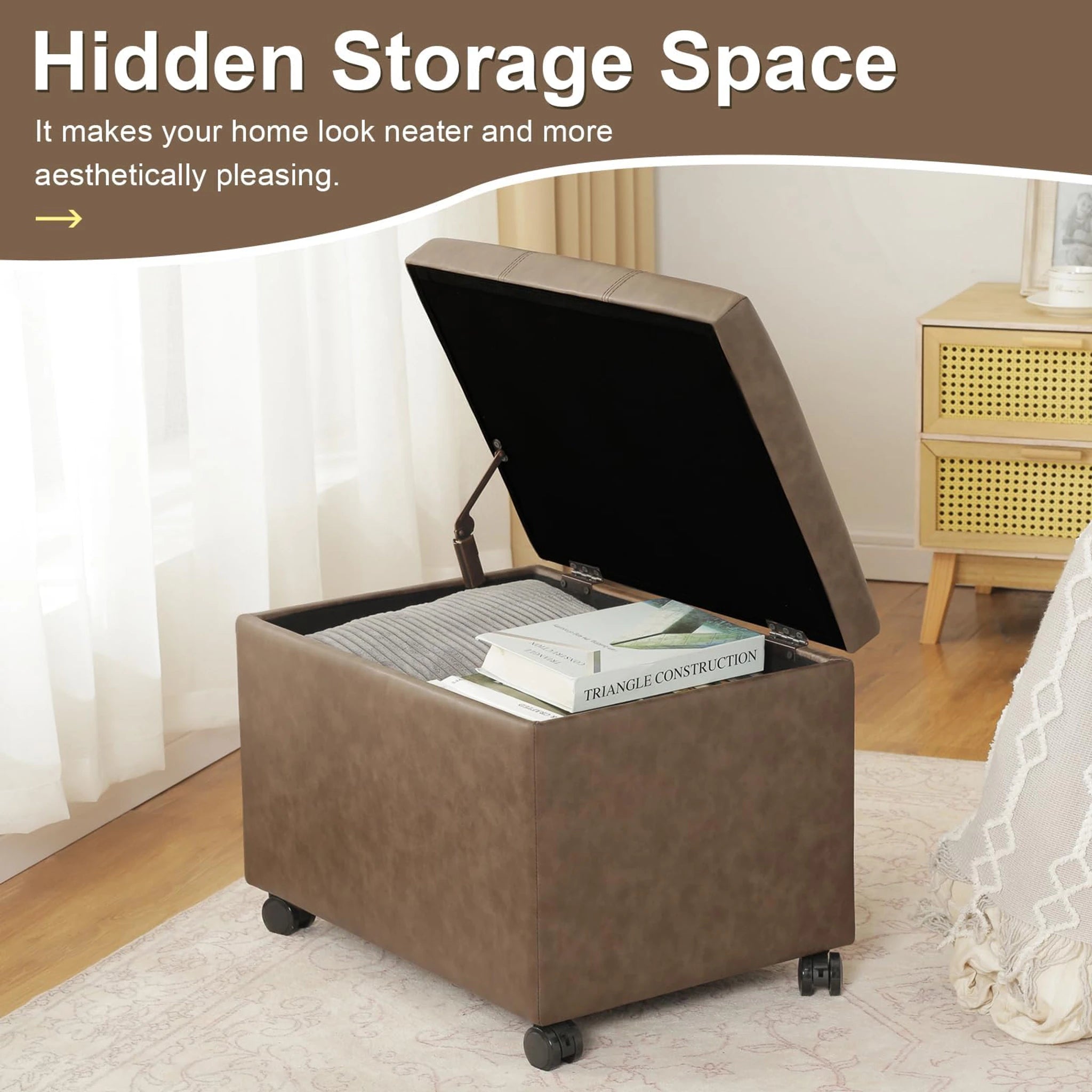 Joveco Light Brown, Wheels Faux Leather Storage Ottoman – dimensions chart