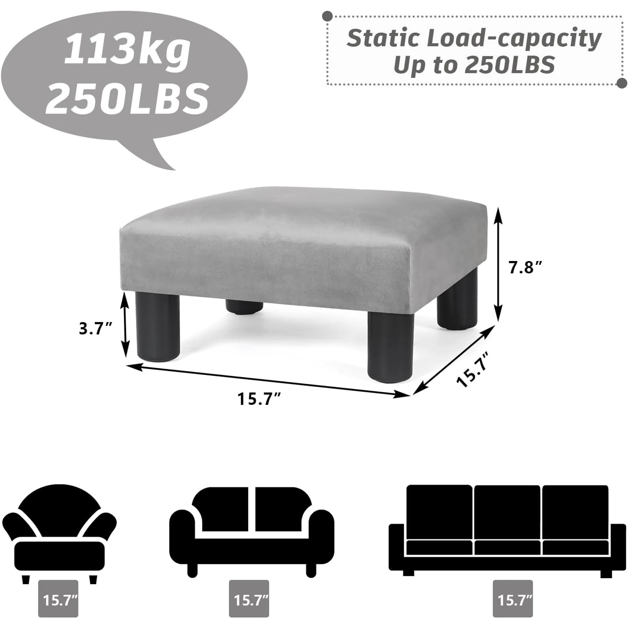 Joveco Light Gray Velvet Footrest Stool – dimensions chart