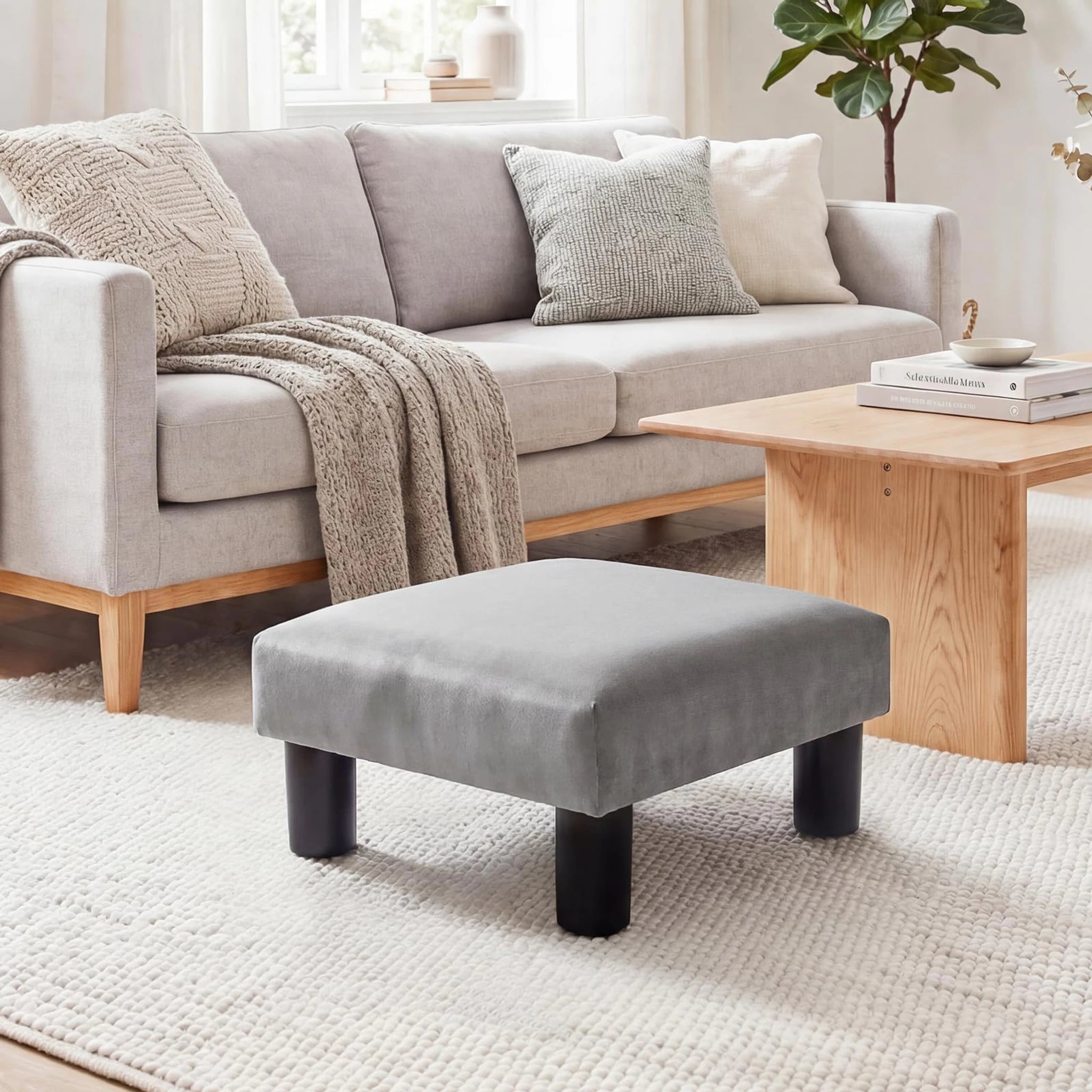 Joveco Light Gray Velvet Footrest Stool – detail and materials view