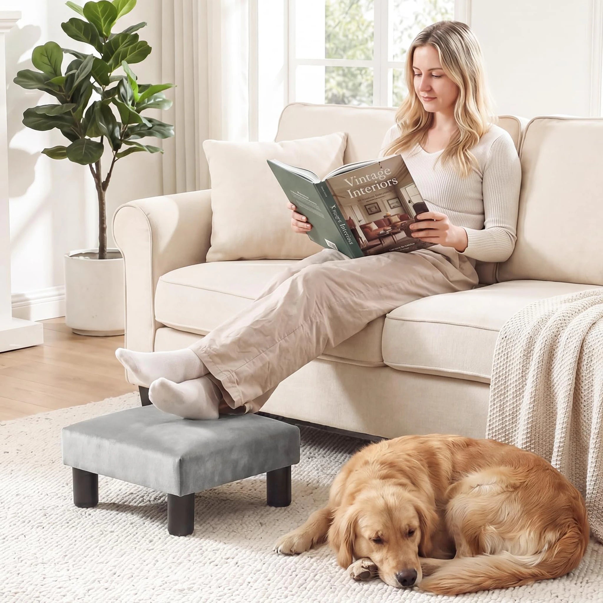 Joveco Light Gray Velvet Footrest Stool – lifestyle room view