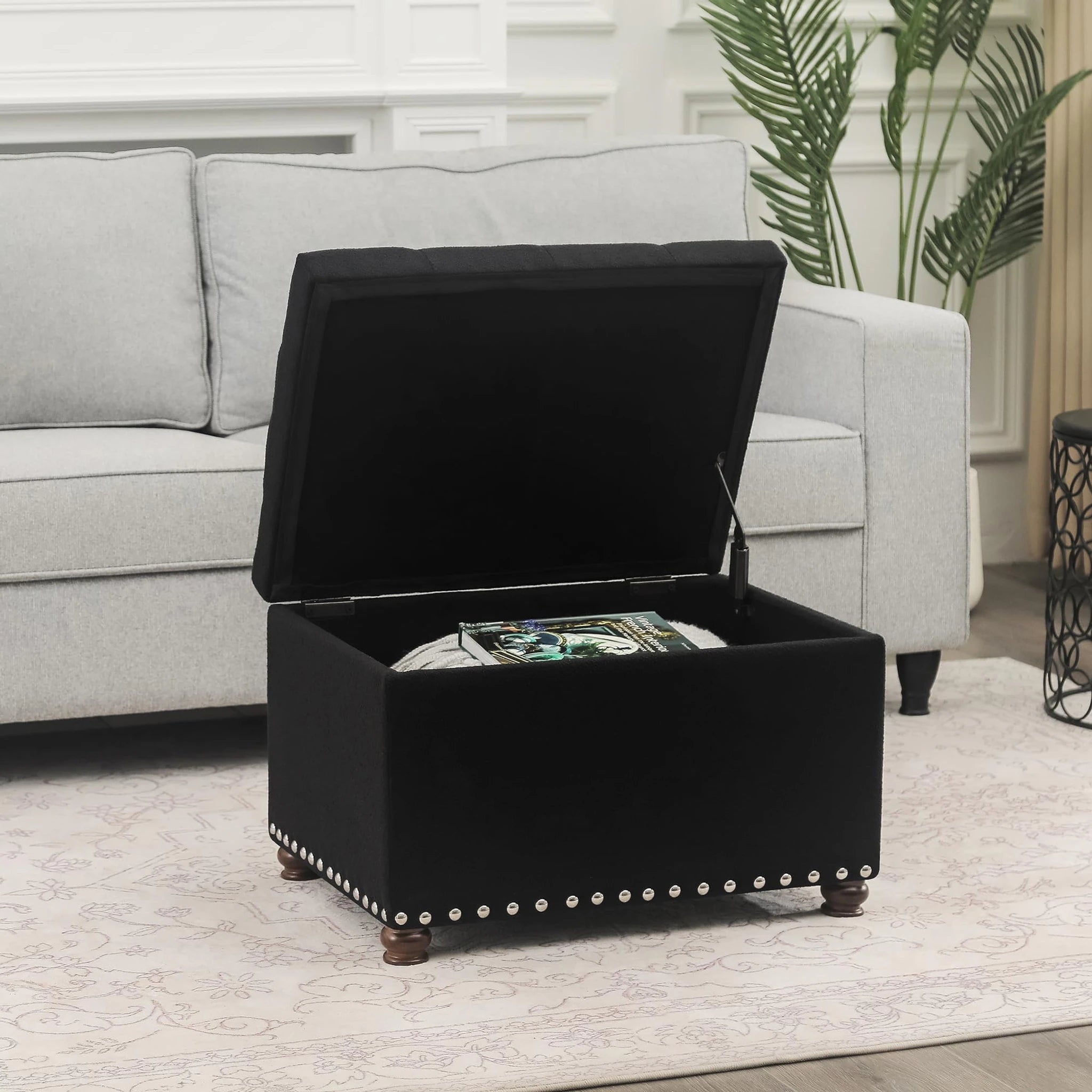Joveco Line Black Fabric Storage Ottoman – lifestyle room view