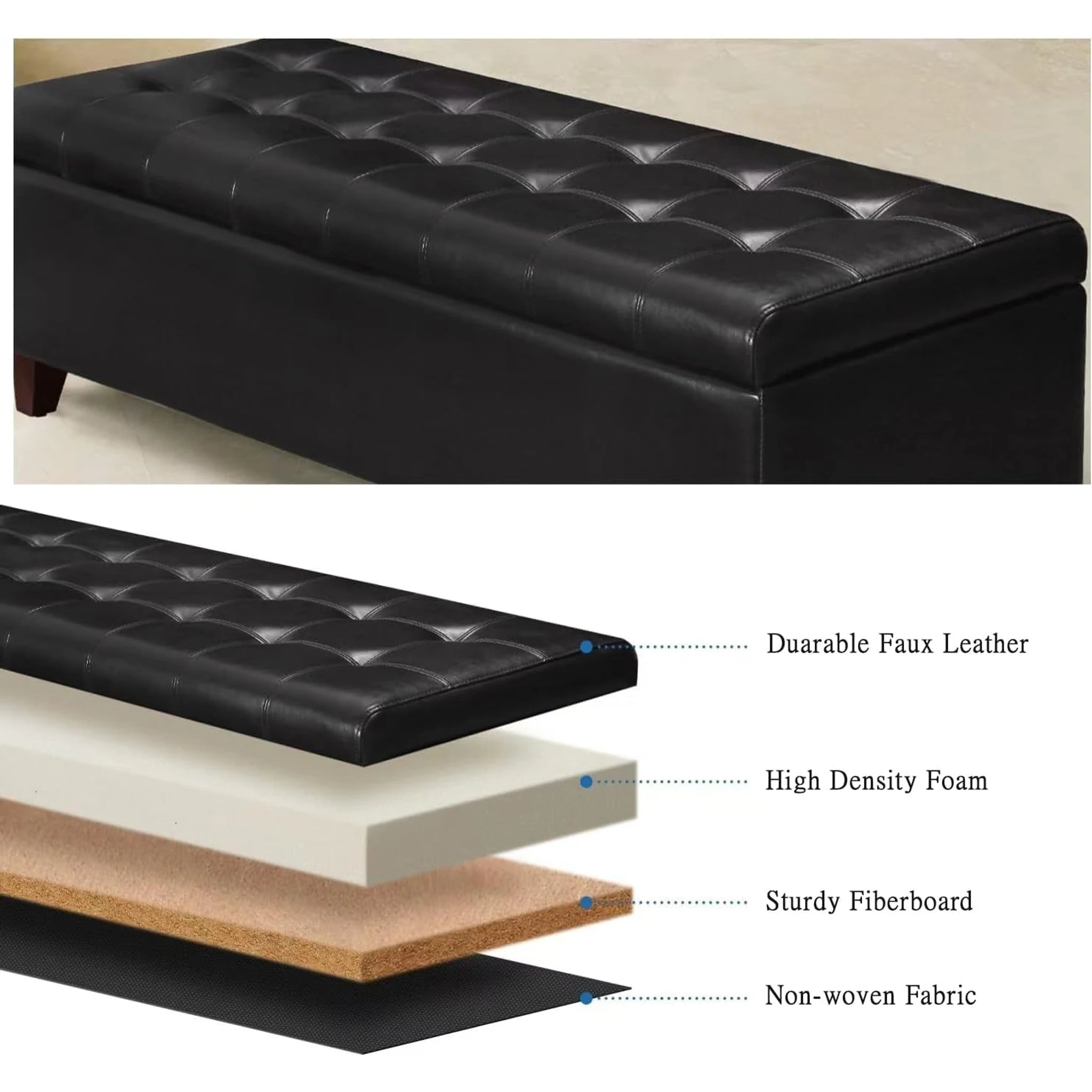 Joveco Line Black Linen Storage Ottoman Bench – detail and materials view